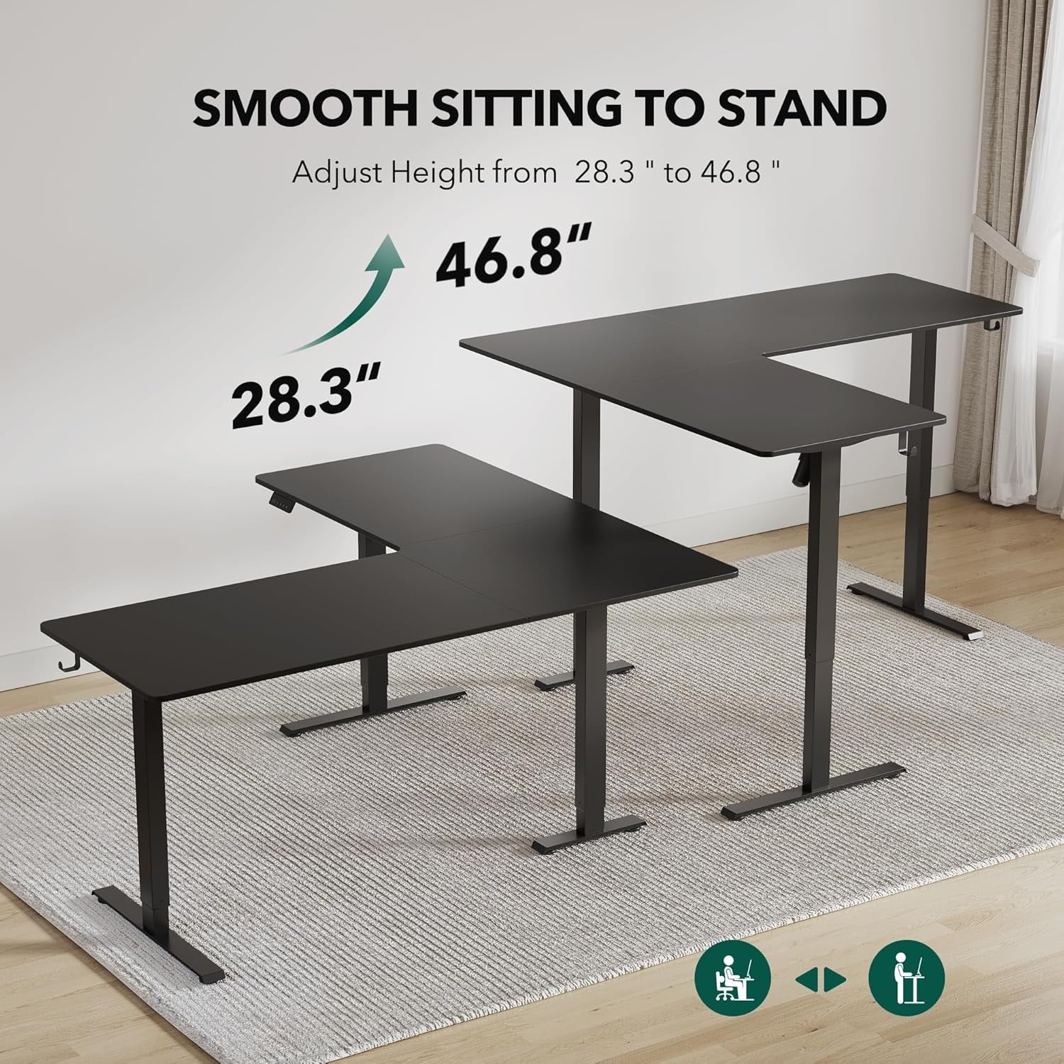 DESINO L-Shaped Standing Desk Adjustable Height, 63 Inch Electric Stand up Corner Computer Desk, Sit Stand Home Office Desk with Splice Board, Black