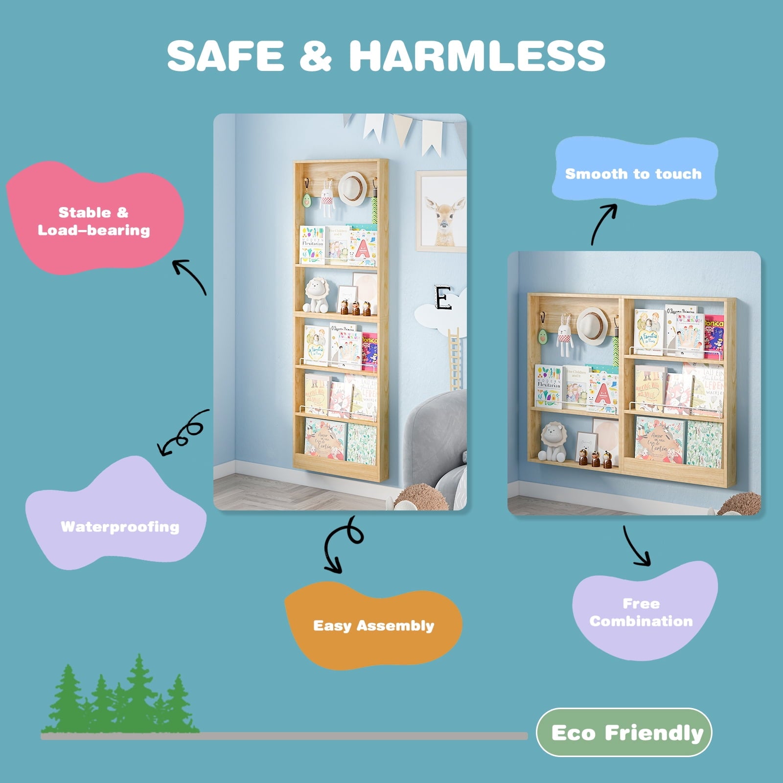 Advwin 5-Tier Wall Mounted Kids Bookshelf with Adjustable Shelves, Wooden Book Shelf Organizer, Behind Door Bookcase Display Shelf for Kids Room, Nursery, Playroom, Natural