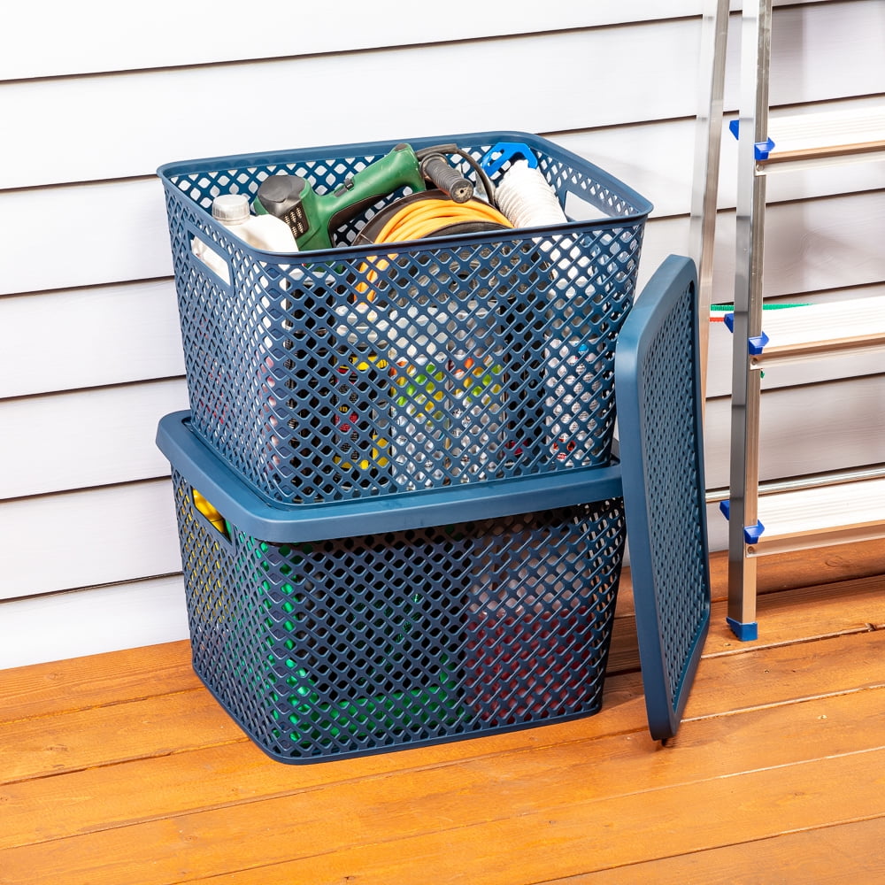 Mainstays Extra Large Decorative Plastic Storage Basket W/Lid, Blue Cove