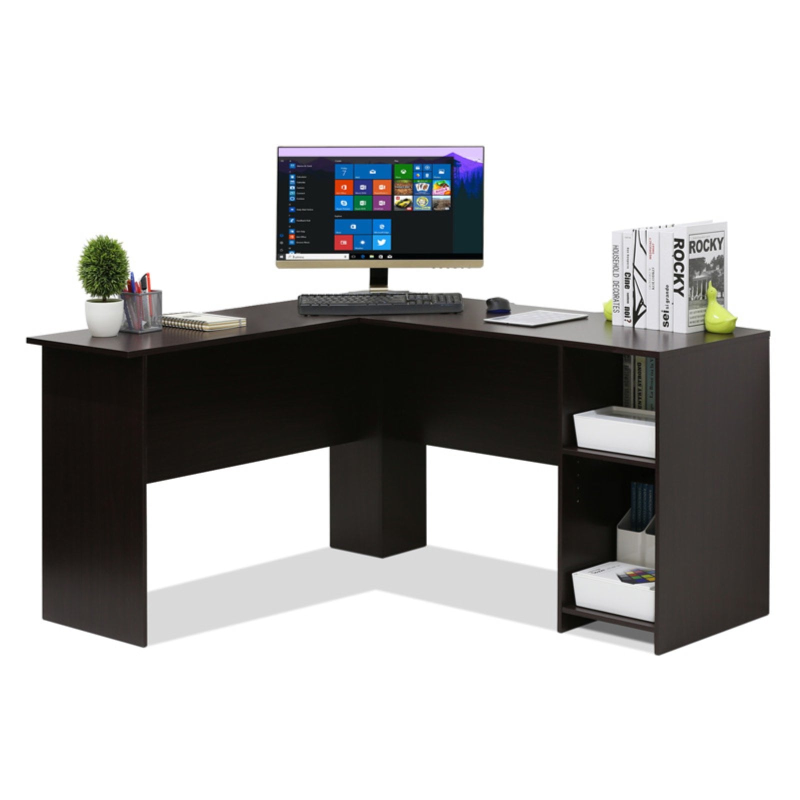 Furinno Indo L-Shaped Desk with Bookshelves, Espresso