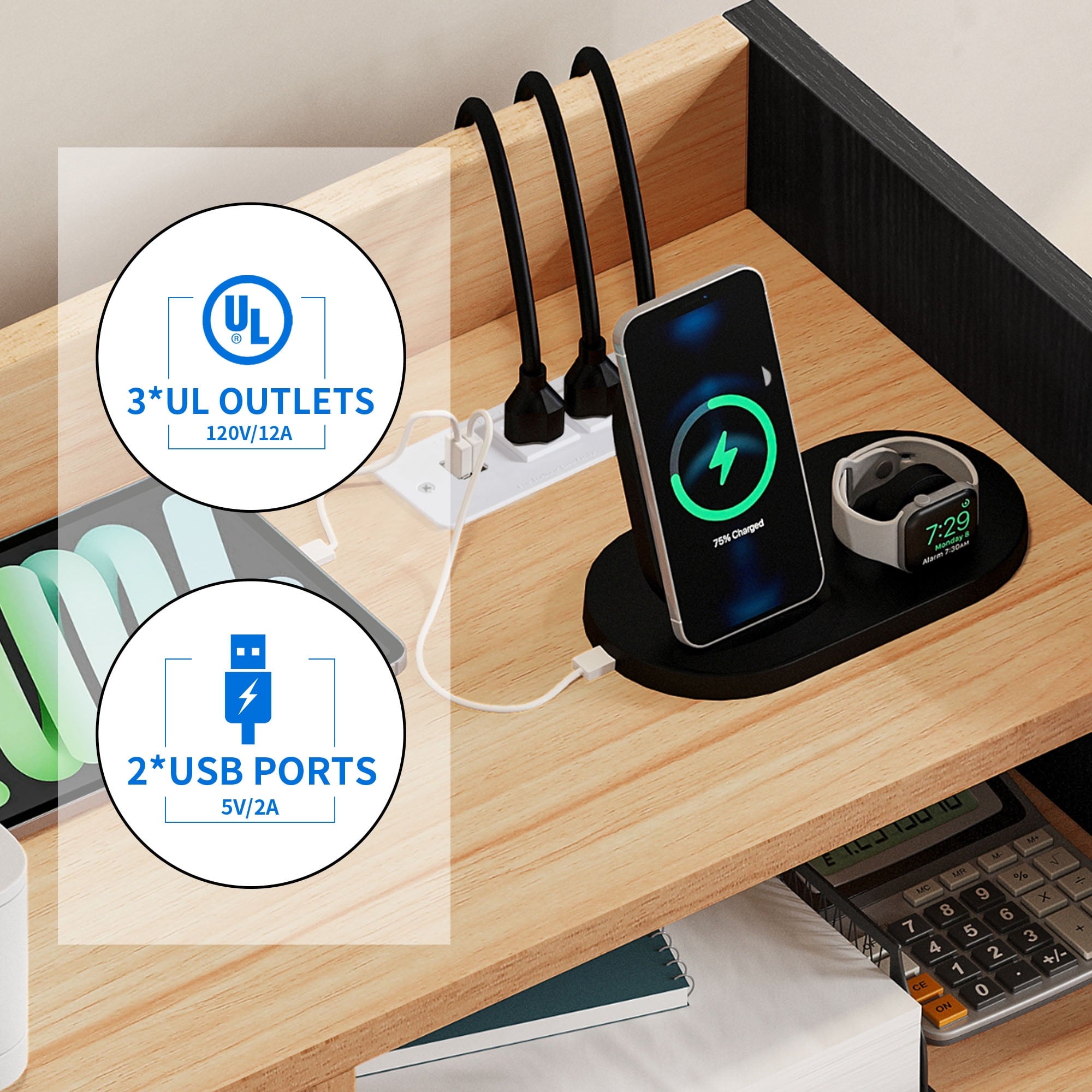 DWVO File Cabinet with Charging Station and Paper Shredder Stand, Printer Table Cabinet Rolling File Cabinet with 2 Drawers and Open Storage Shelves for Home Office,Black