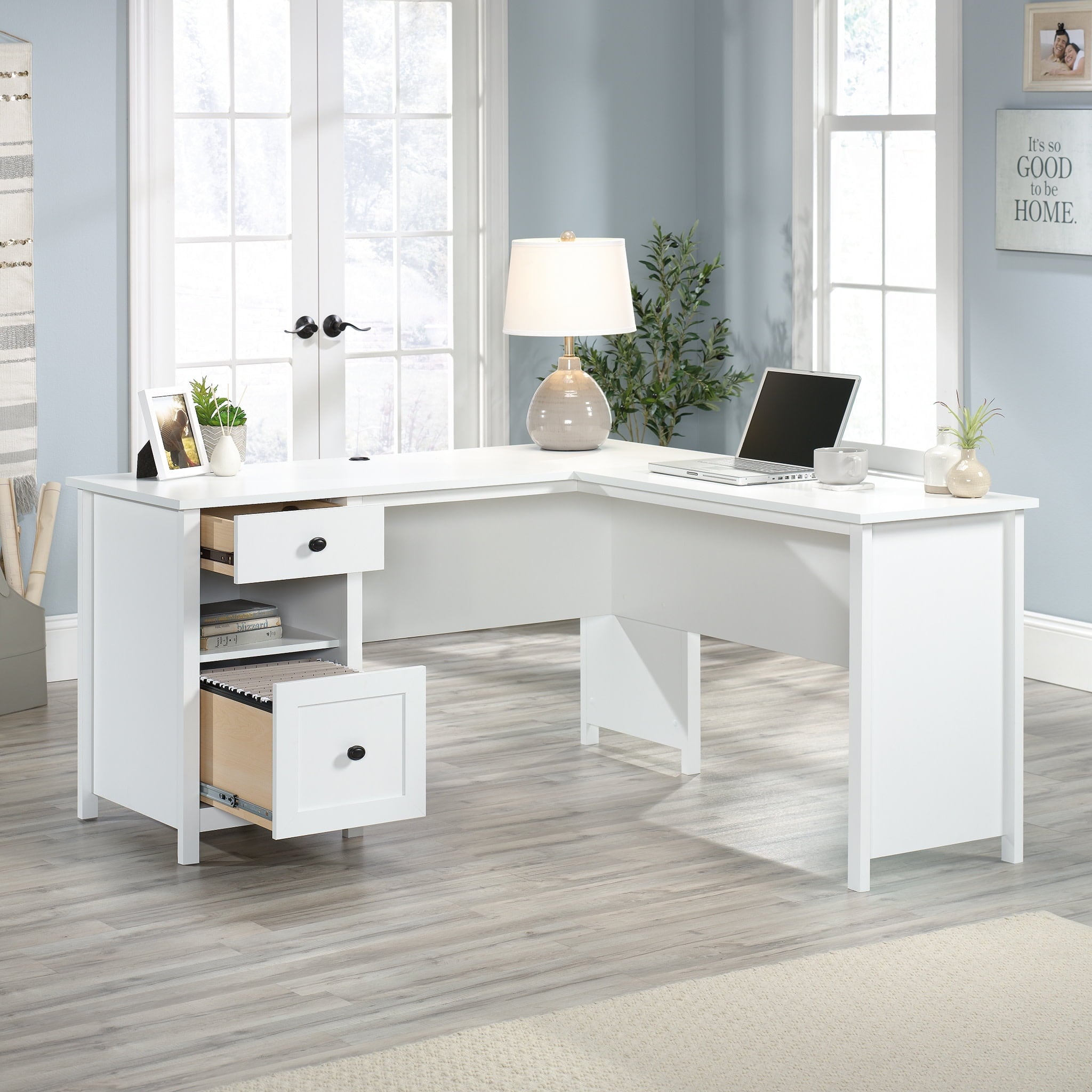 Sauder County Line L-Shaped Desk with File Drawer, Soft White Finish