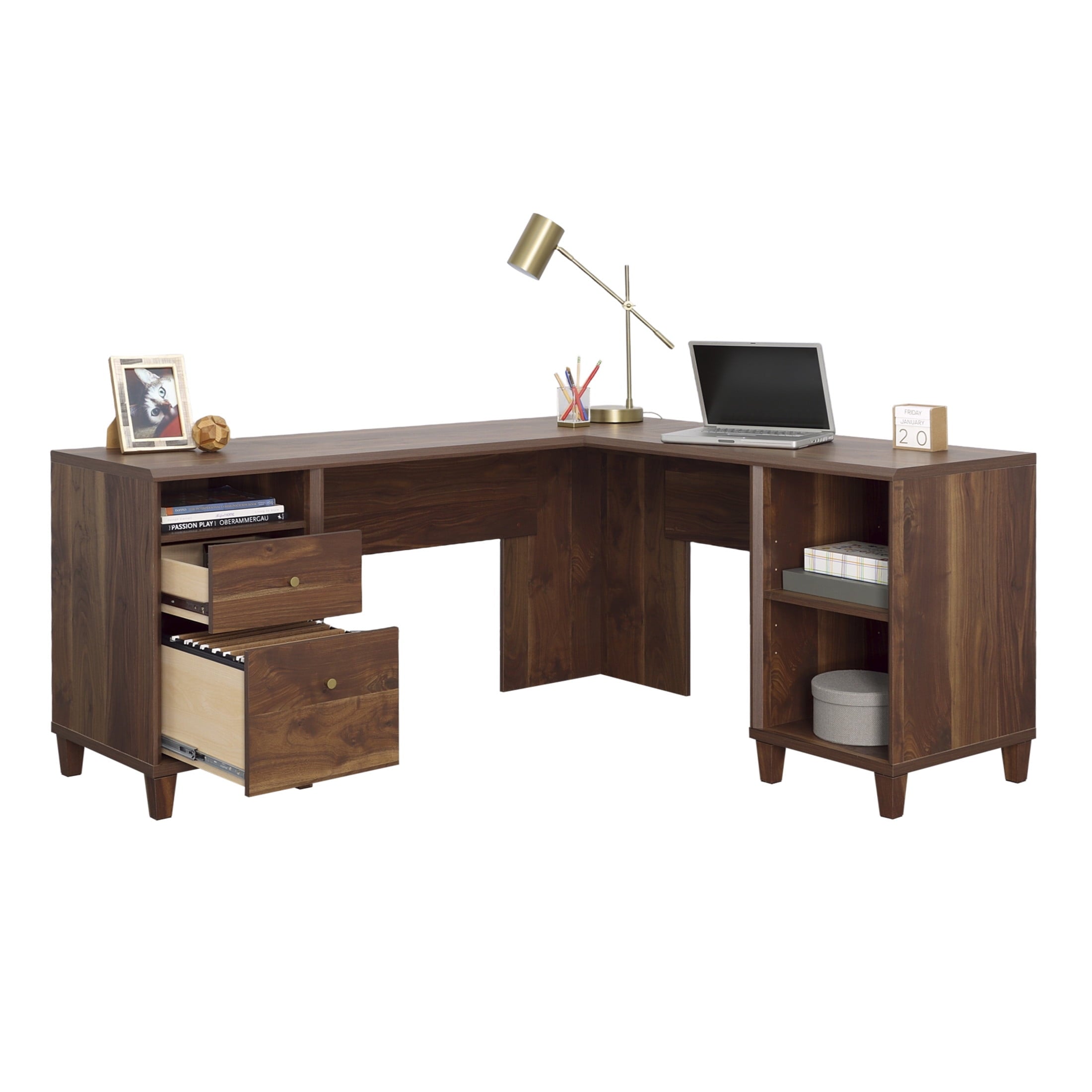 Sauder Willow Place L-Shaped Home Office Desk, Grand Walnut Finish