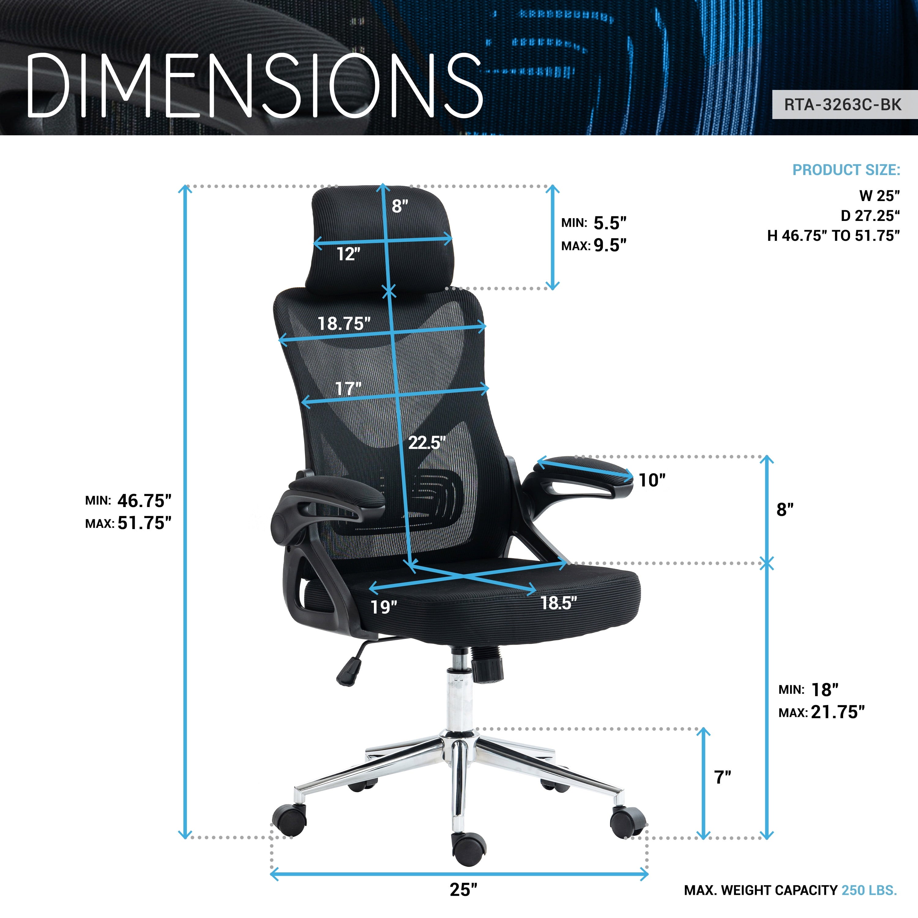 Techni Mobili Essential Ergonomic Office Chair with Lumbar Support & Adjustable Headrest, Black RTA-3263C-BK
