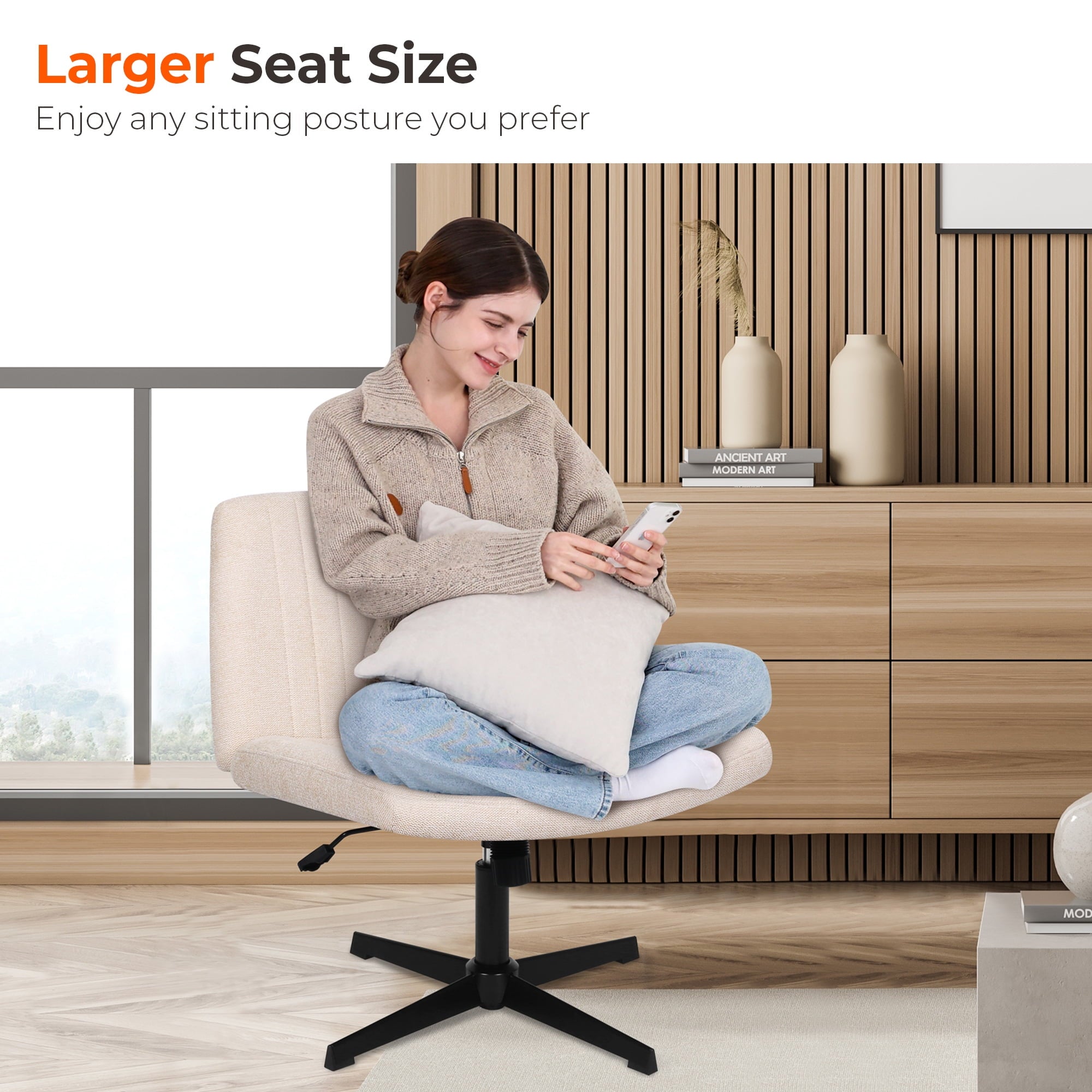 NEO CHAIR Criss Cross Legged Home Office Desk Vanity Armless Chair No Wheels Swivel, Beige