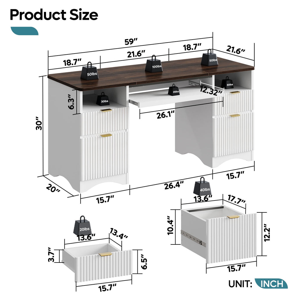 Bestier 59" Computer Home Office PC Desk with Keyboard Tray and Storage Drawers, Walnut and White