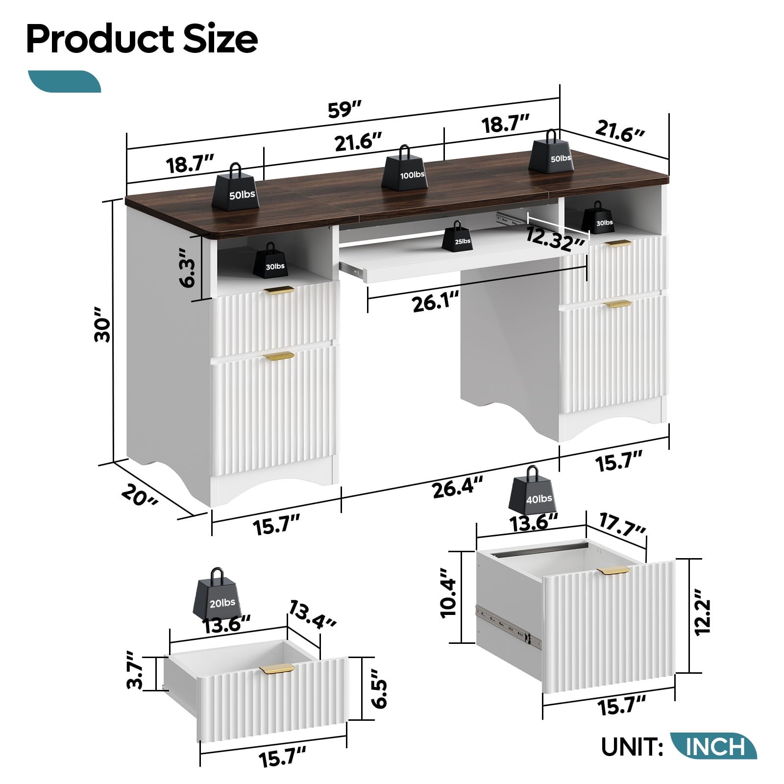Bestier 59" Computer Home Office PC Desk with Keyboard Tray and Storage Drawers, Walnut and White