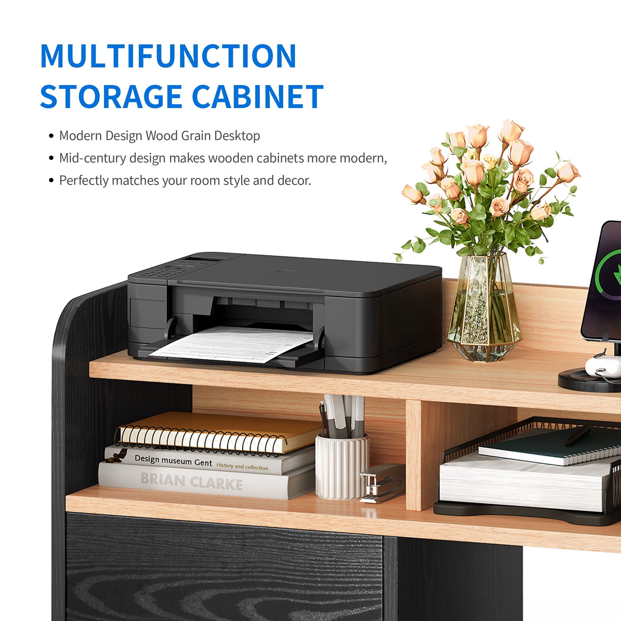 DWVO File Cabinet with Charging Station and Paper Shredder Stand, Printer Table Cabinet Rolling File Cabinet with 2 Drawers and Open Storage Shelves for Home Office,Black