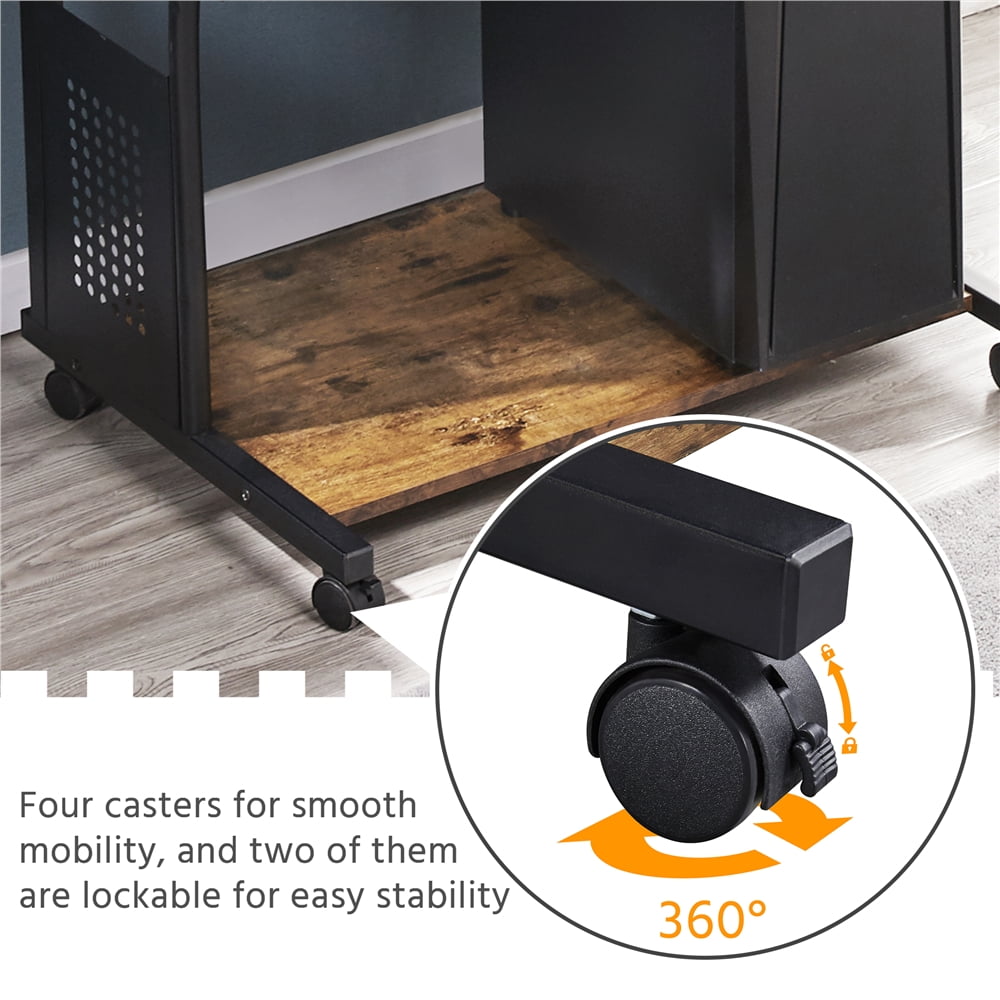 Topeakmart 2 Tiers Rolling Computer Desk with Printer Shelf and Keyboard Tray for Home Office, Rustic Brown