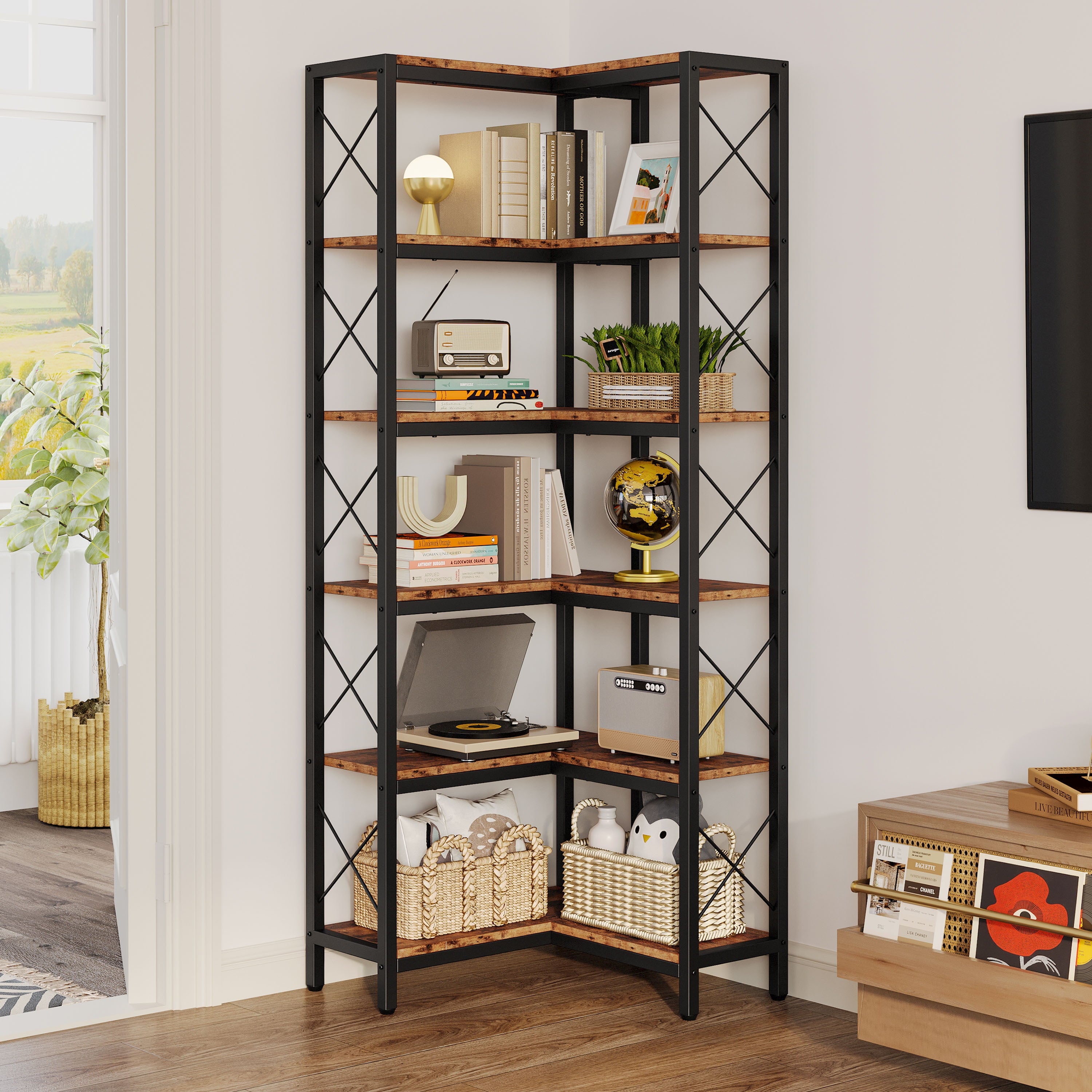 IRONCK 6-Tier Corner Shelf, Industrial Display Bookshelf, Freestanding Bookcase for Living Room Home Office, 23.6"W