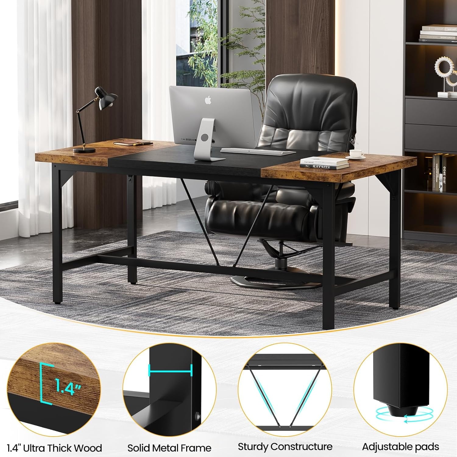 Homieasy 63 Inch Computer Desk, Sturdy Large Office Desk, Premium 2 Person Long Desks, Super Thick Study Writing Gaming Table, Modern Computer Table, Easy to Assemble, Rustic Brown