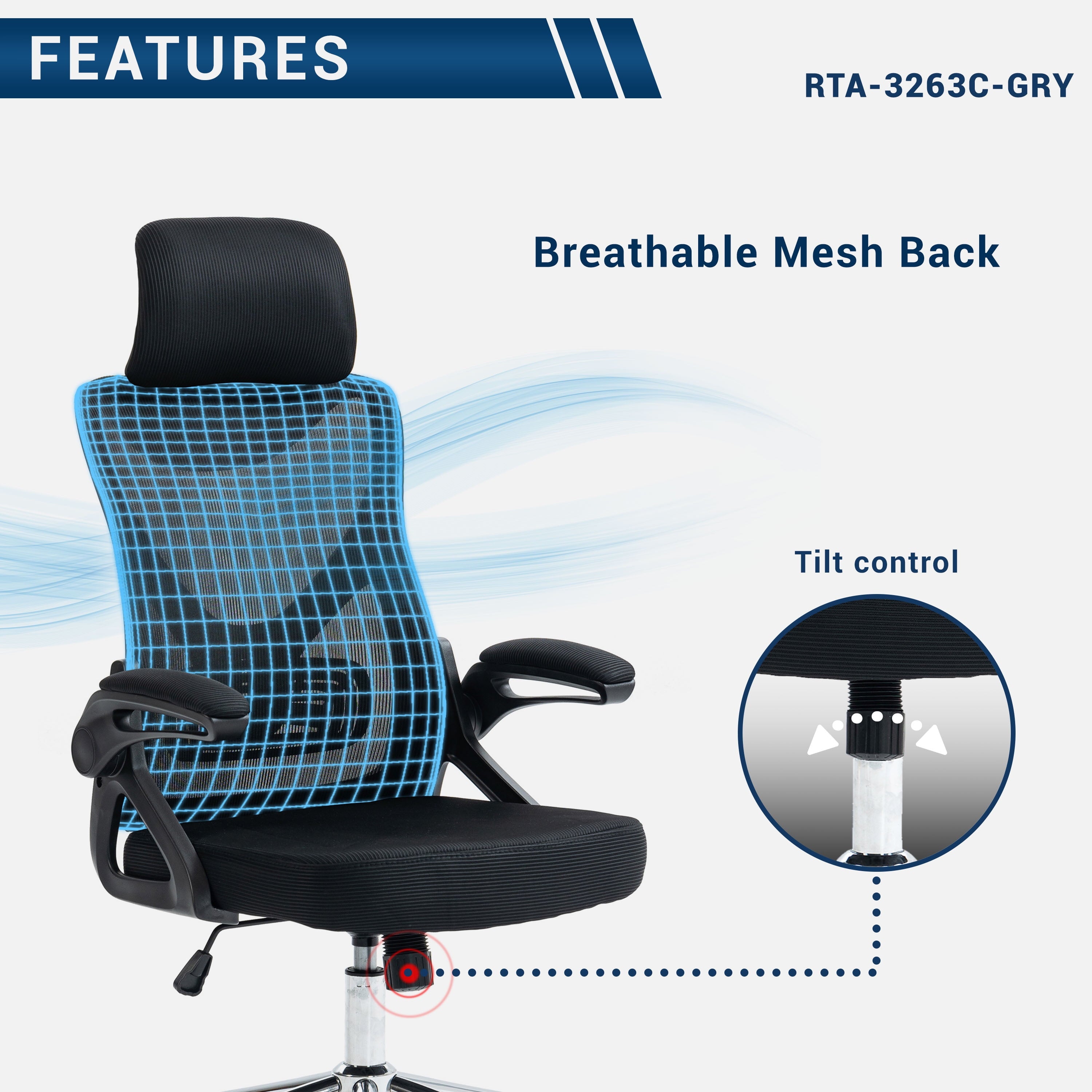 Techni Mobili Essential Ergonomic Office Chair with Lumbar Support & Adjustable Headrest, Black RTA-3263C-BK