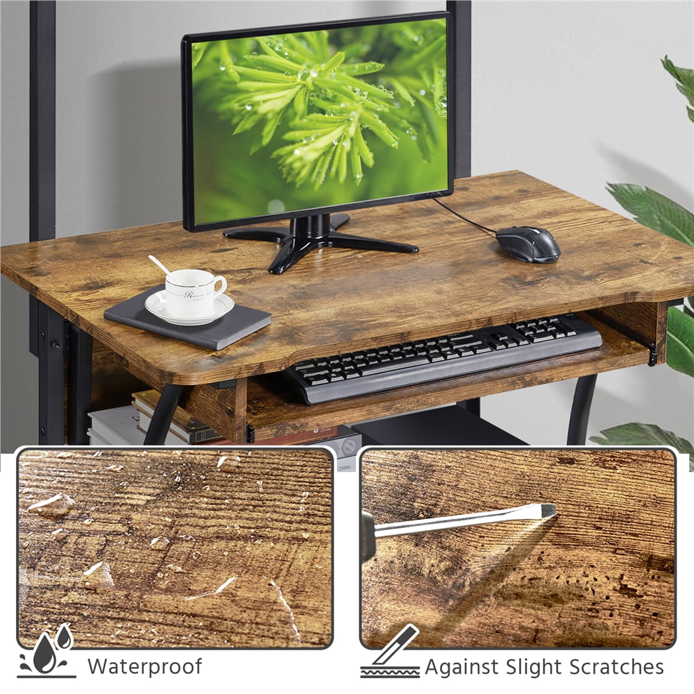 Topeakmart 2 Tiers Rolling Computer Desk with Printer Shelf and Keyboard Tray for Home Office, Rustic Brown