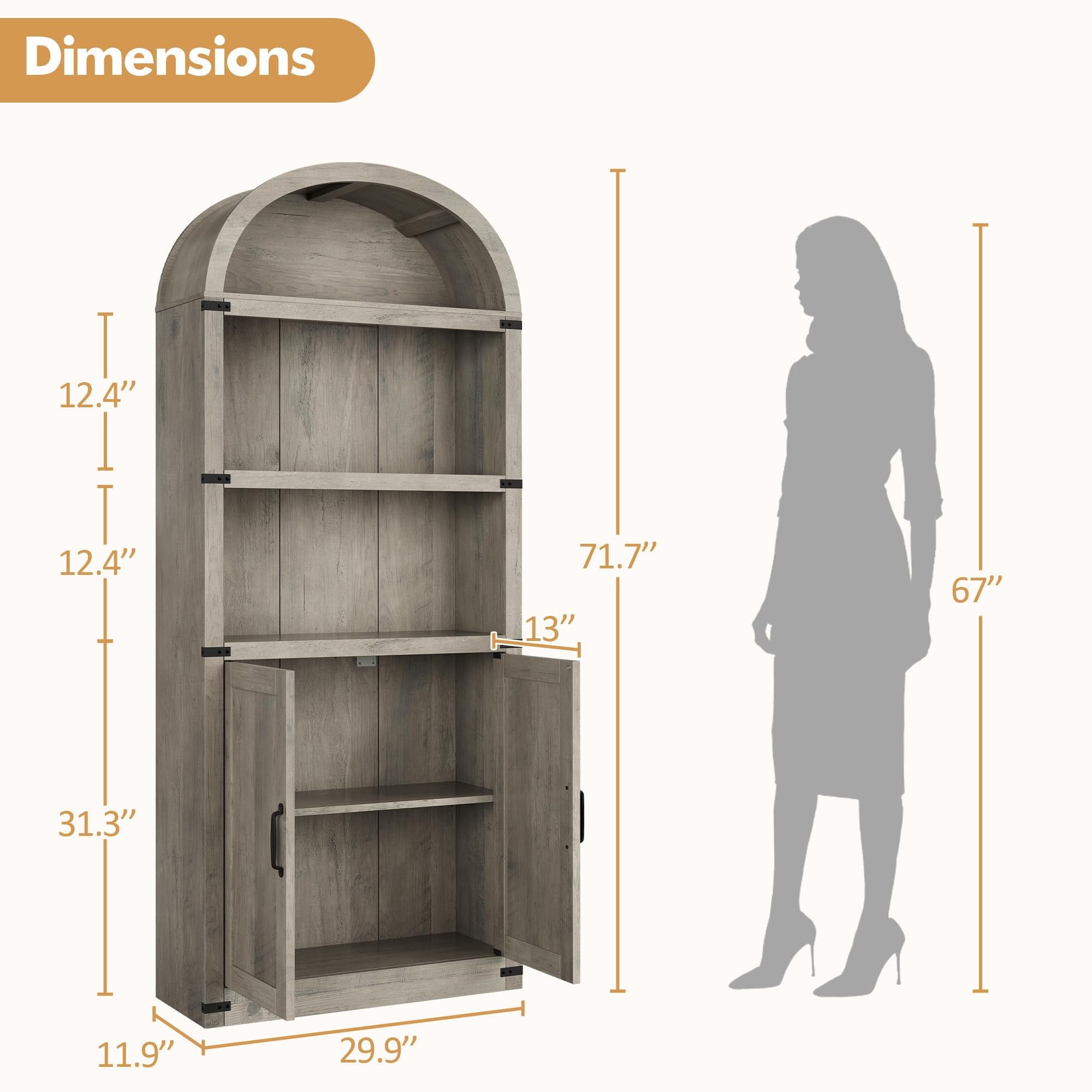 TROPOW Bookcase with Doors Arched Bookshelf 71.65in Tall Bookcase Farmhouse Cabinet with Shelves Wooden Bookshelves for Home Office, Living Room,Gray