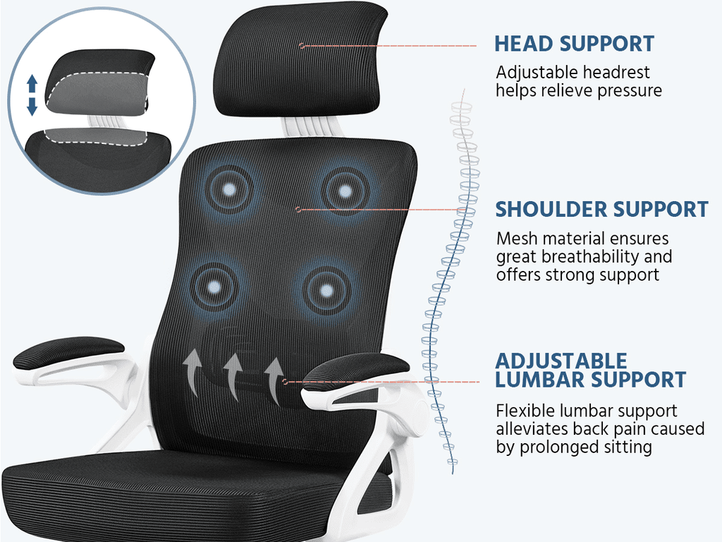 Alden Design High Back Ergonomic Mesh Office Chair with Adjustable Padded Headrest, White/Black