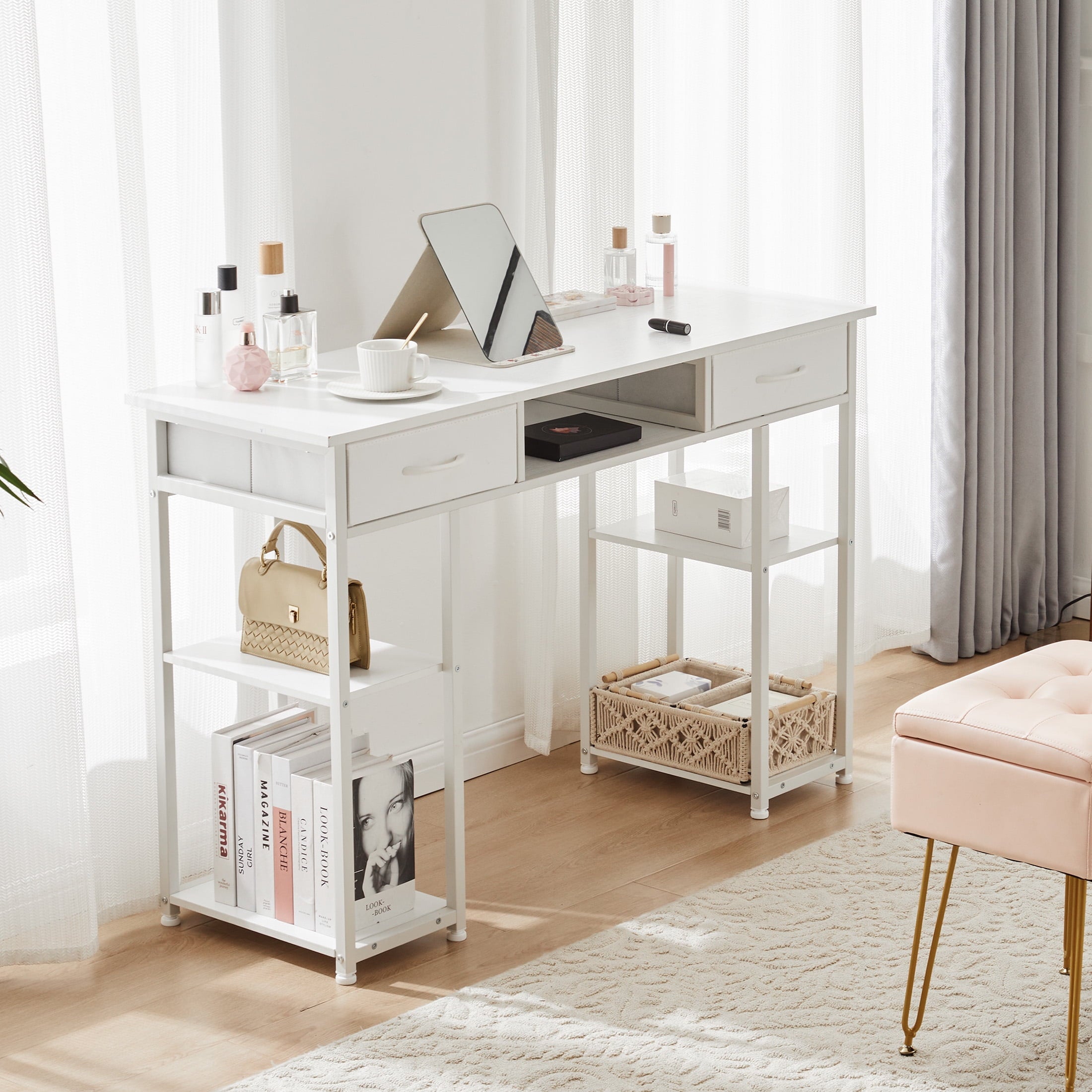 edx Small Desk Fabric Drawers & Storage Shelves, Home Office Computer Desk, Writing Desk Small Space Desk Study Table for Home, Bedroom, 48 Inch, White