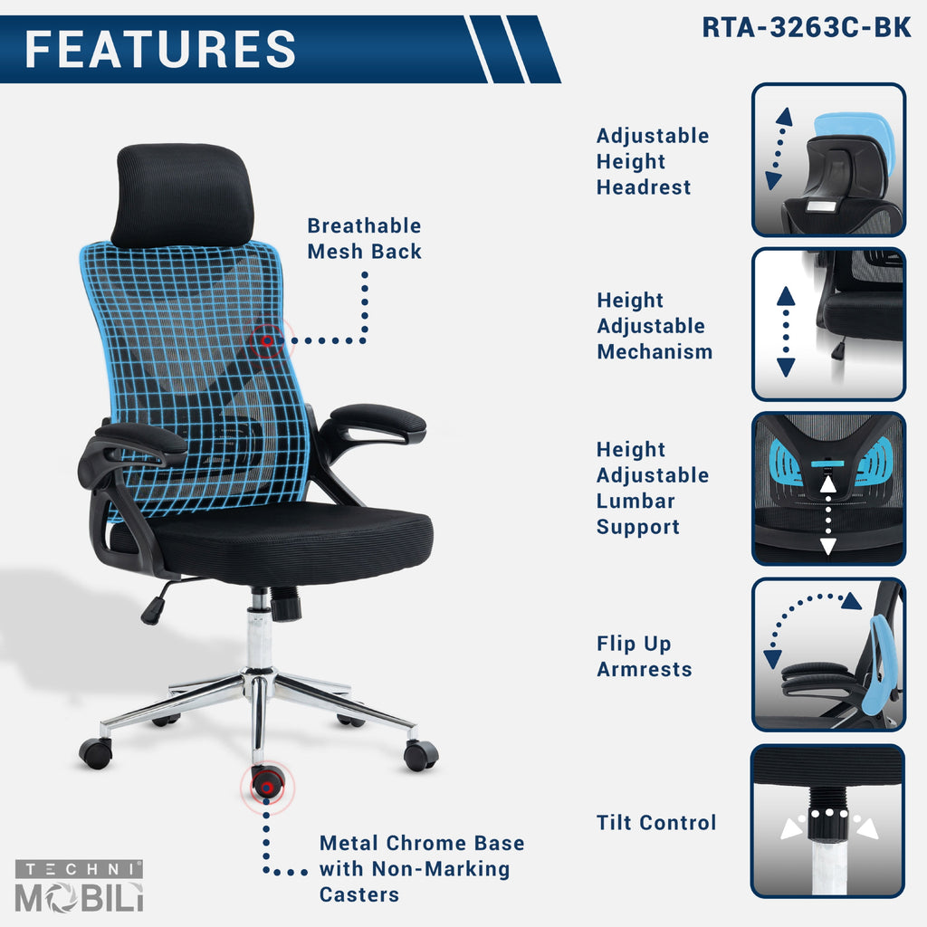 Techni Mobili Essential Ergonomic Office Chair with Lumbar Support & Adjustable Headrest, Black RTA-3263C-BK