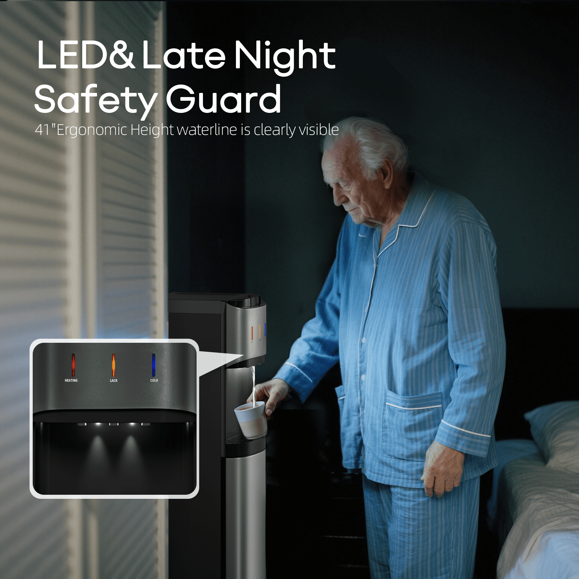 UrbanSync Bottom Loadingd Water Dispenser for 5 Gallon Bottle, 3 Temperatures (Hot, Cold and Room) with Safety Lock, LED Lighting, Water Shortage Alert, Silver-Gray