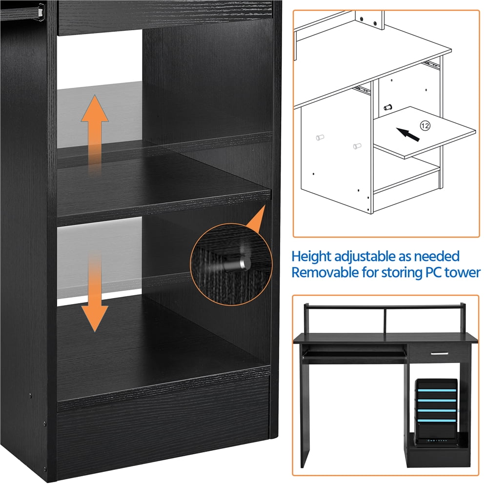 Alden Design Wooden Home Office Computer Desk with Drawers and Keyboard Tray, Black