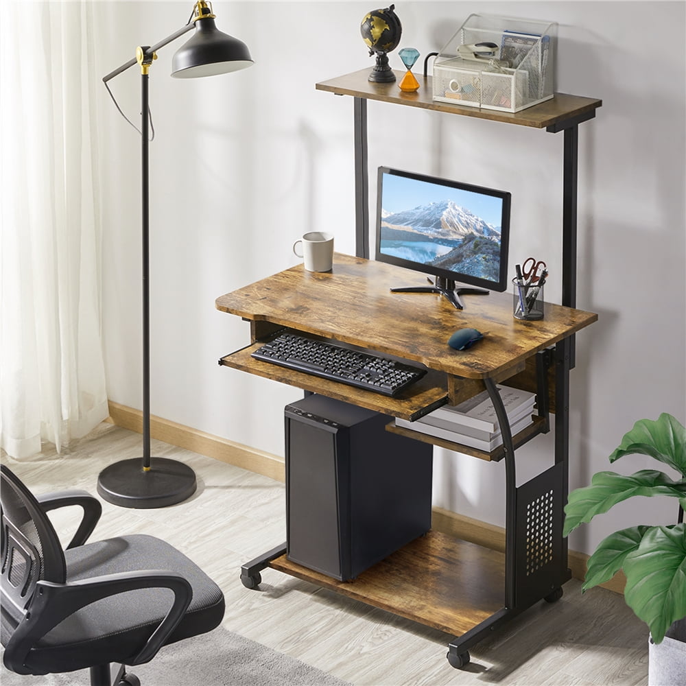 Topeakmart 2 Tiers Rolling Computer Desk with Printer Shelf and Keyboard Tray for Home Office, Rustic Brown