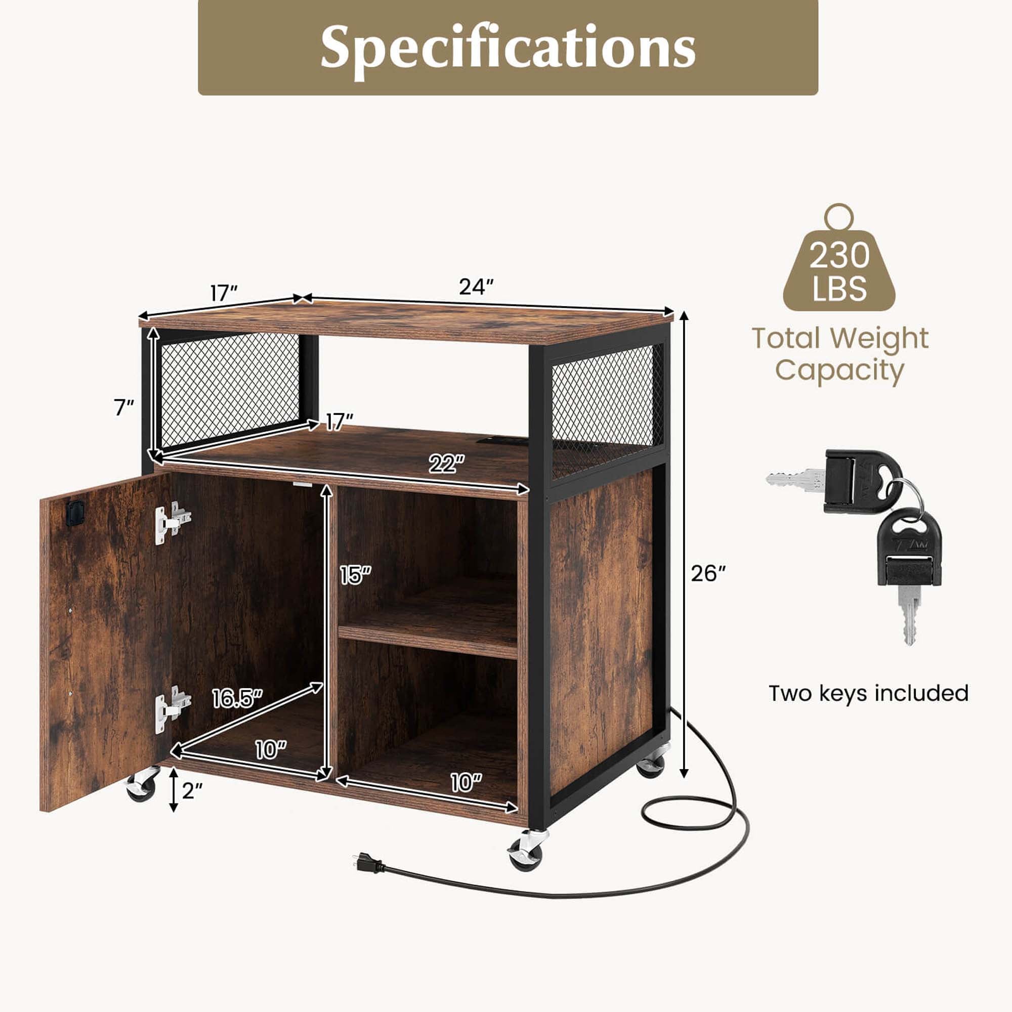 Costway File Cabinet on Wheels with Charging Station & Cable Management Hole Shelves Brown