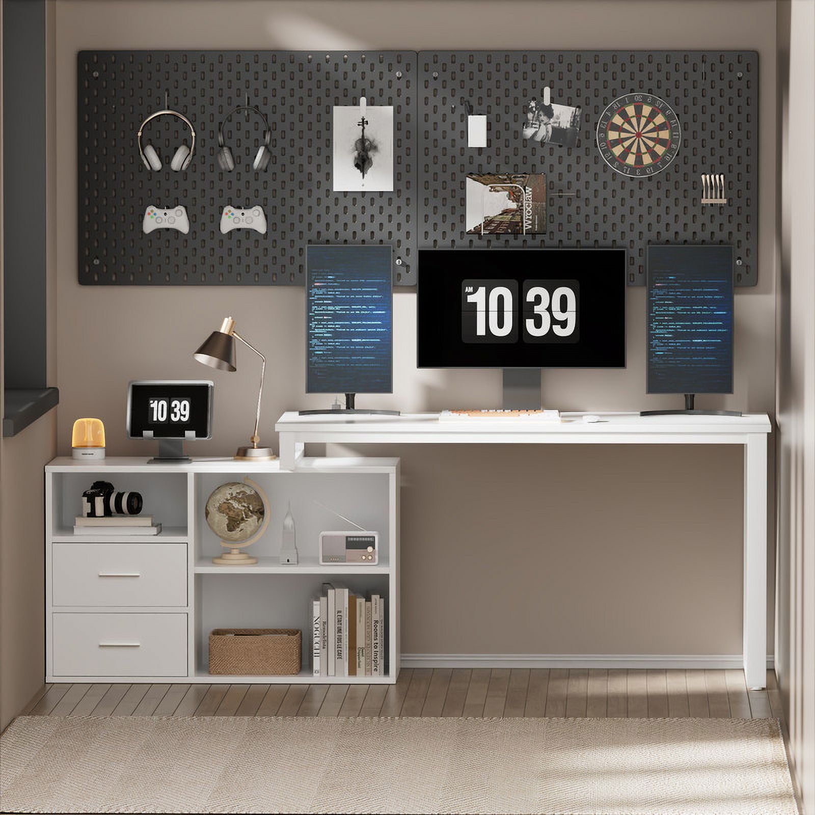 Furmax 55" L-Shaped Corner Computer Desk with File Cabinet, Power Outlet, Home Office Desk with 2 Drawers and 3 Storage Shelve, Workstation Executive Desk with Storage Shelf for Home Office, White