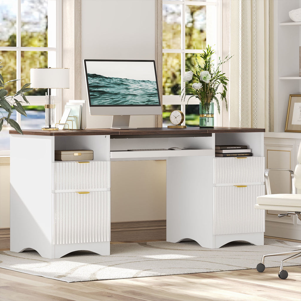 Bestier 59" Computer Home Office PC Desk with Keyboard Tray and Storage Drawers, Walnut and White