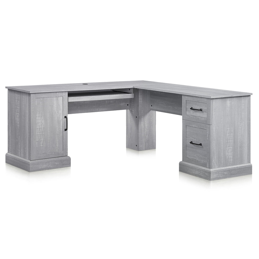 BELLEZE Modern Corner L-Shaped Home Office Computer Laptop Desk or Writing Study Workstation with Keyboard Tray, Two Drawers and Cabinet - Barlow (Stone Gray)