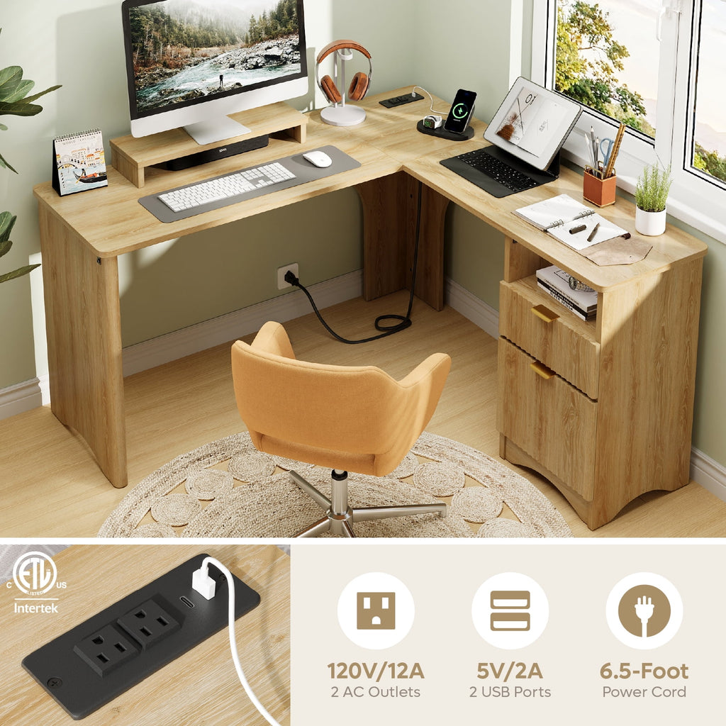 Bestier 55" L-shaped Computer PC Desk Lift Top with Power Outlets Storage Drawers and Monitor Stand, Log