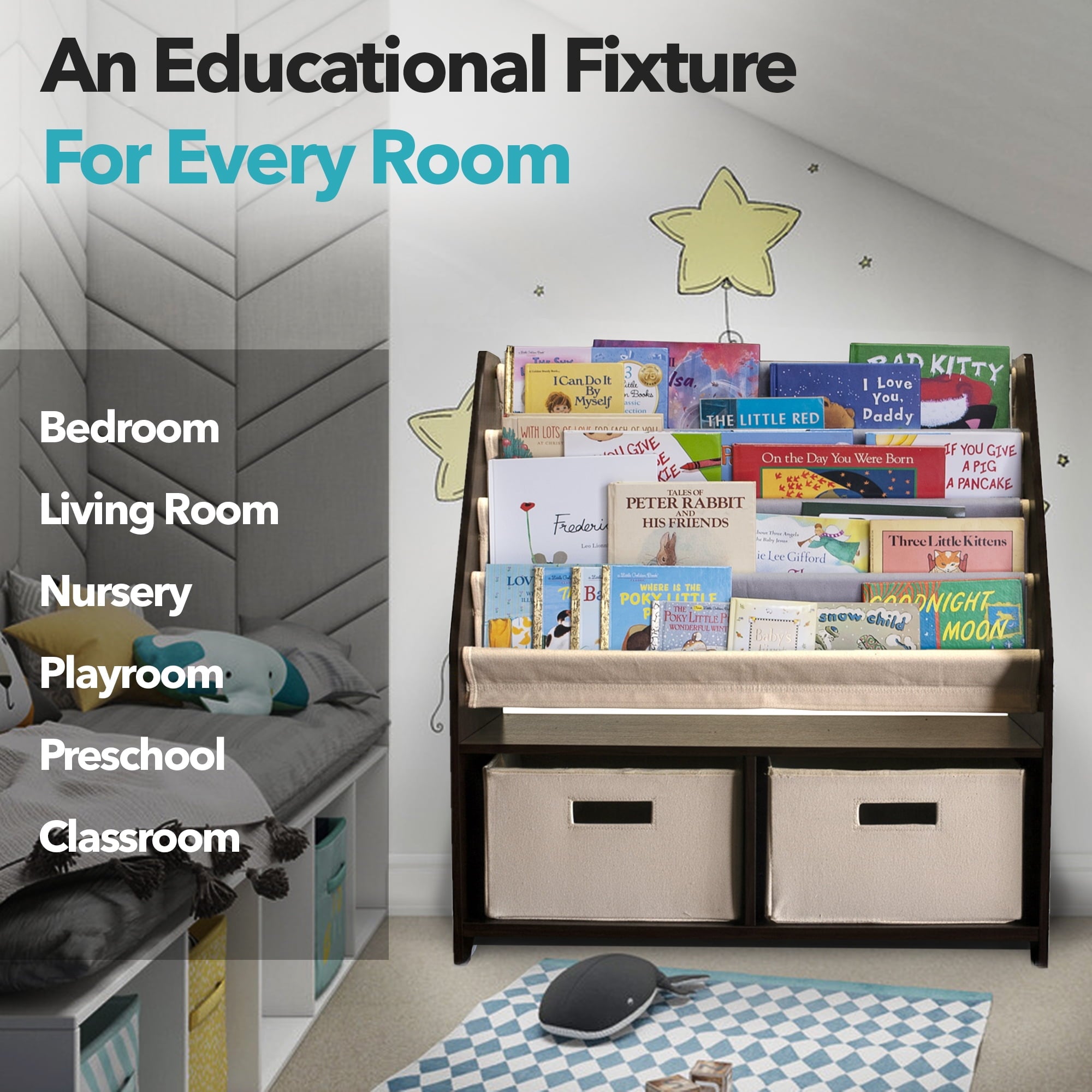 WonkaWoo Kids Sling Wooden Bookshelf for Toddlers and Small Children