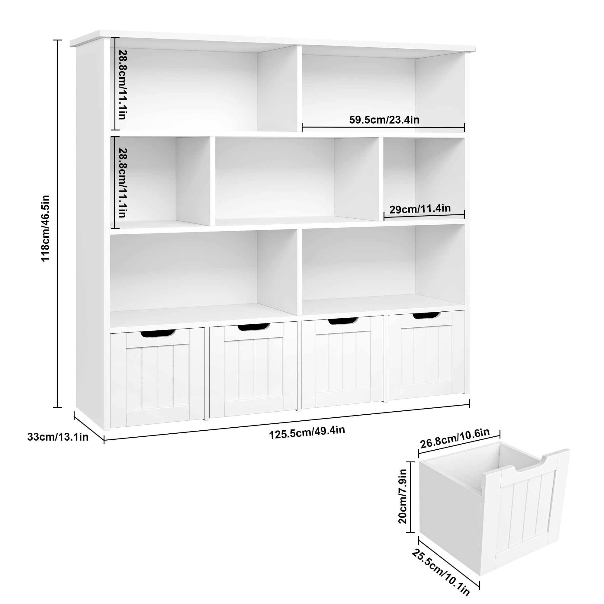 Homfa 7 Cube Toy Storage Organizer, Kids Geometric Bookcase and Bookshelf with 4 Drawers, White