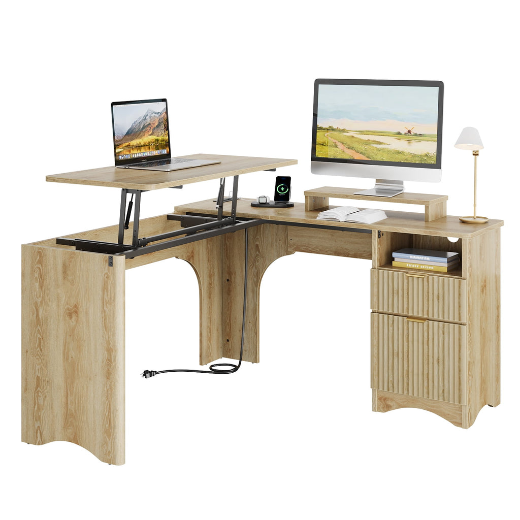 Bestier 55" L-shaped Computer PC Desk Lift Top with Power Outlets Storage Drawers and Monitor Stand, Log