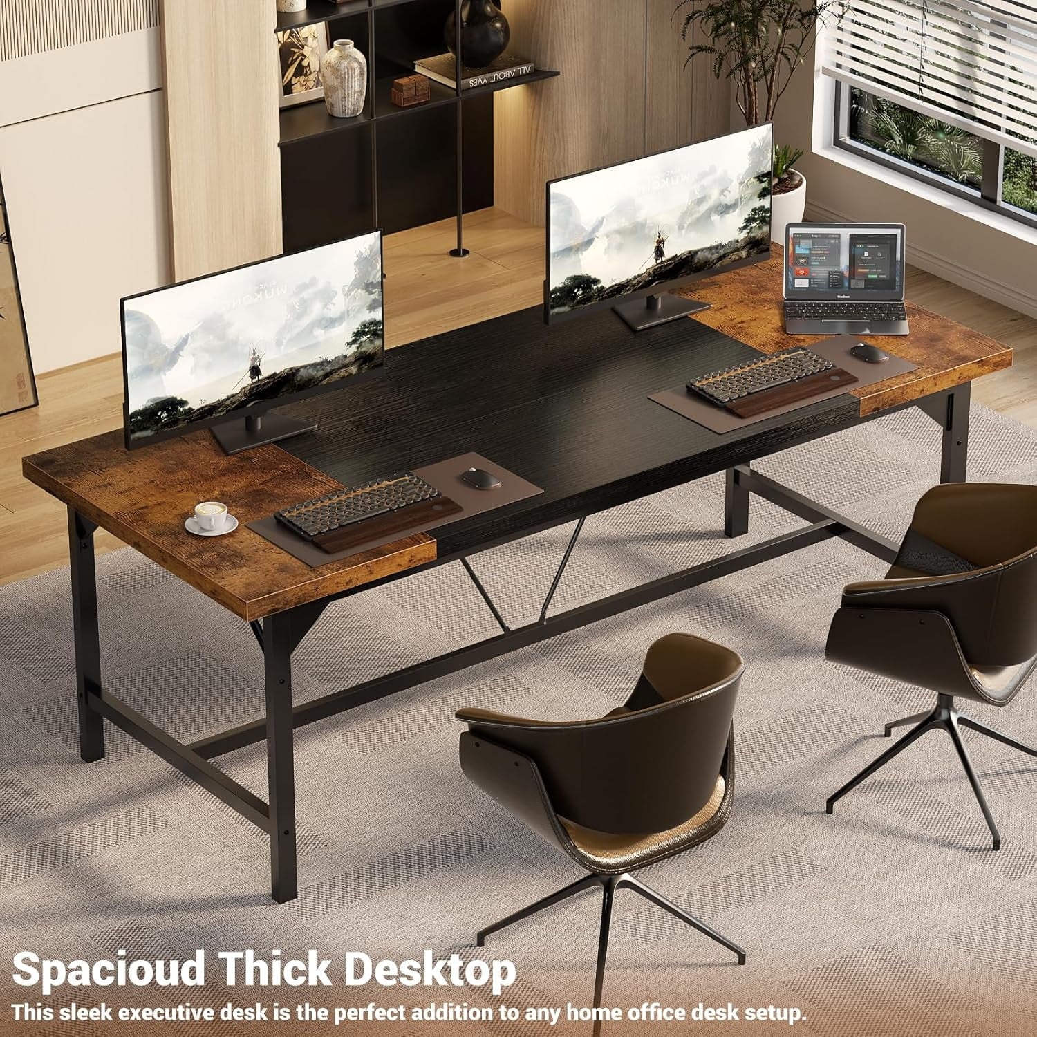 Homieasy 63 Inch Computer Desk, Sturdy Large Office Desk, Premium 2 Person Long Desks, Super Thick Study Writing Gaming Table, Modern Computer Table, Easy to Assemble, Rustic Brown