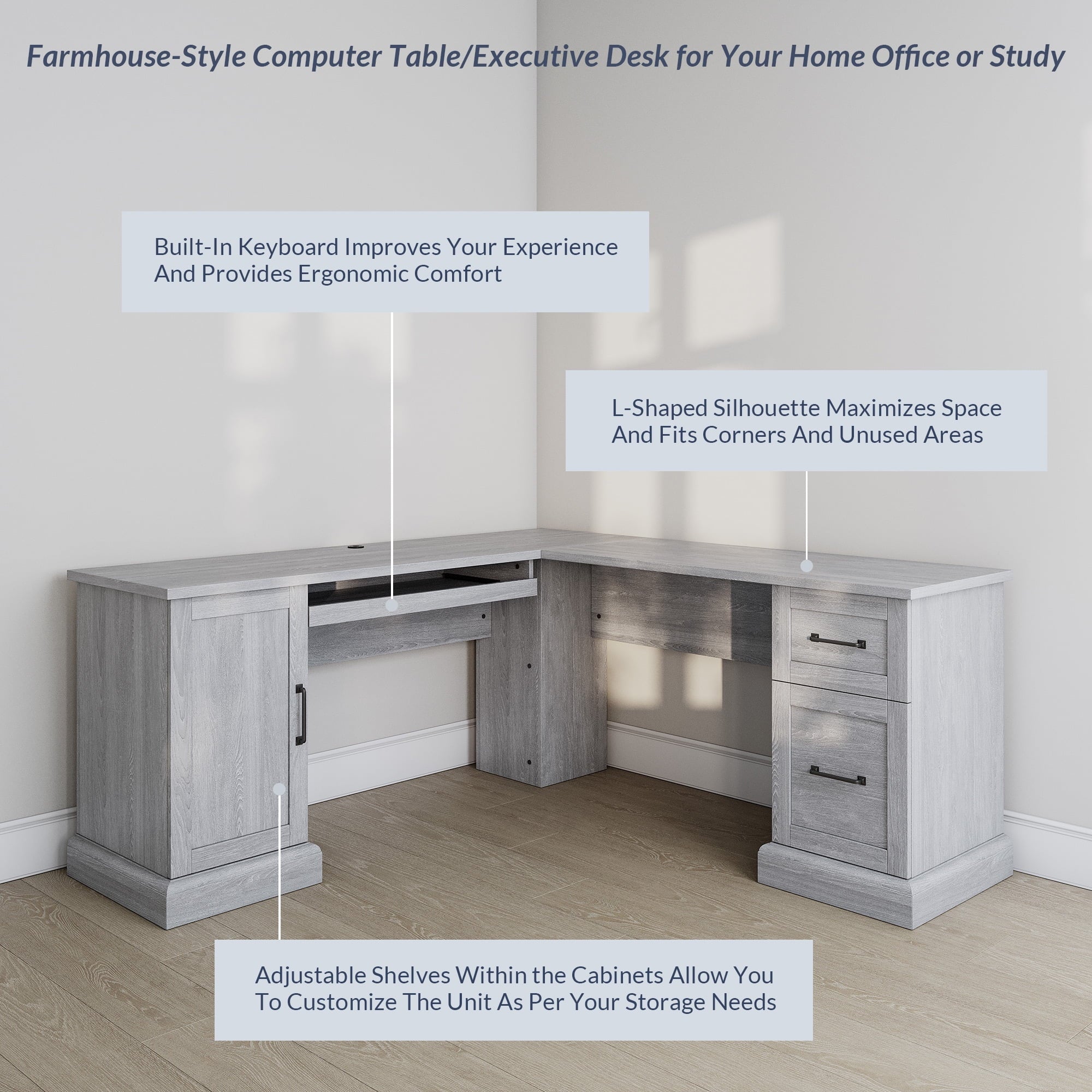 BELLEZE Modern Corner L-Shaped Home Office Computer Laptop Desk or Writing Study Workstation with Keyboard Tray, Two Drawers and Cabinet - Barlow (Stone Gray)