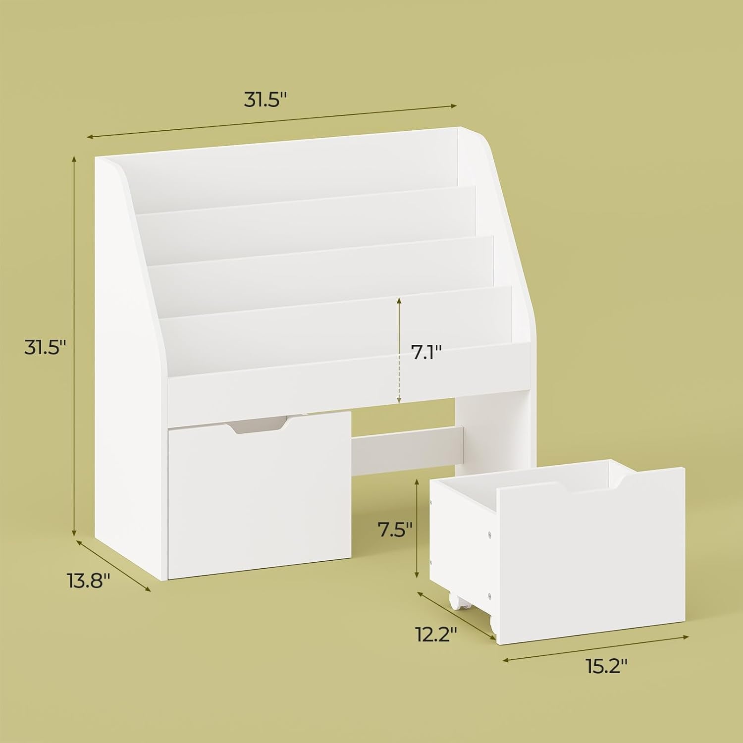 4 Tier Kids Bookshelf, Toy Storage for Children with 2 Movable Drawers, Hidden Wheels, Toddler Book Display Shelves for Classrooms, Nursery, White