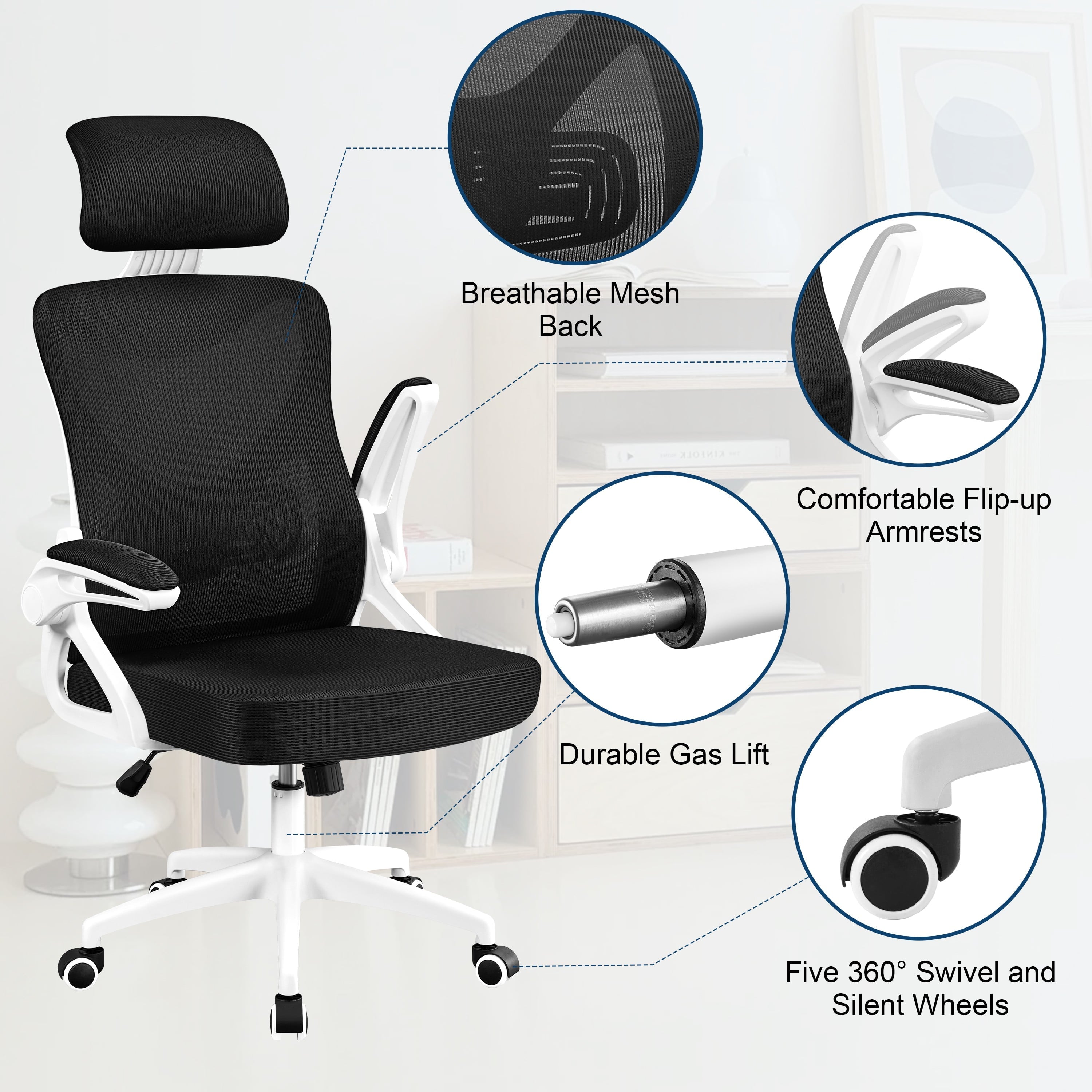 Alden Design High Back Ergonomic Mesh Office Chair with Adjustable Padded Headrest, White/Black
