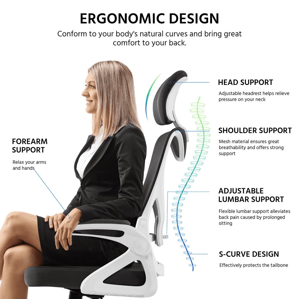 Alden Design High Back Ergonomic Mesh Office Chair with Adjustable Padded Headrest, White/Black