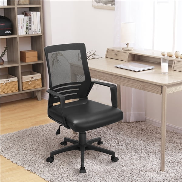 Yaheetech Swivel Mesh Office Chair with Leather Padded Seat and Armrests, Black