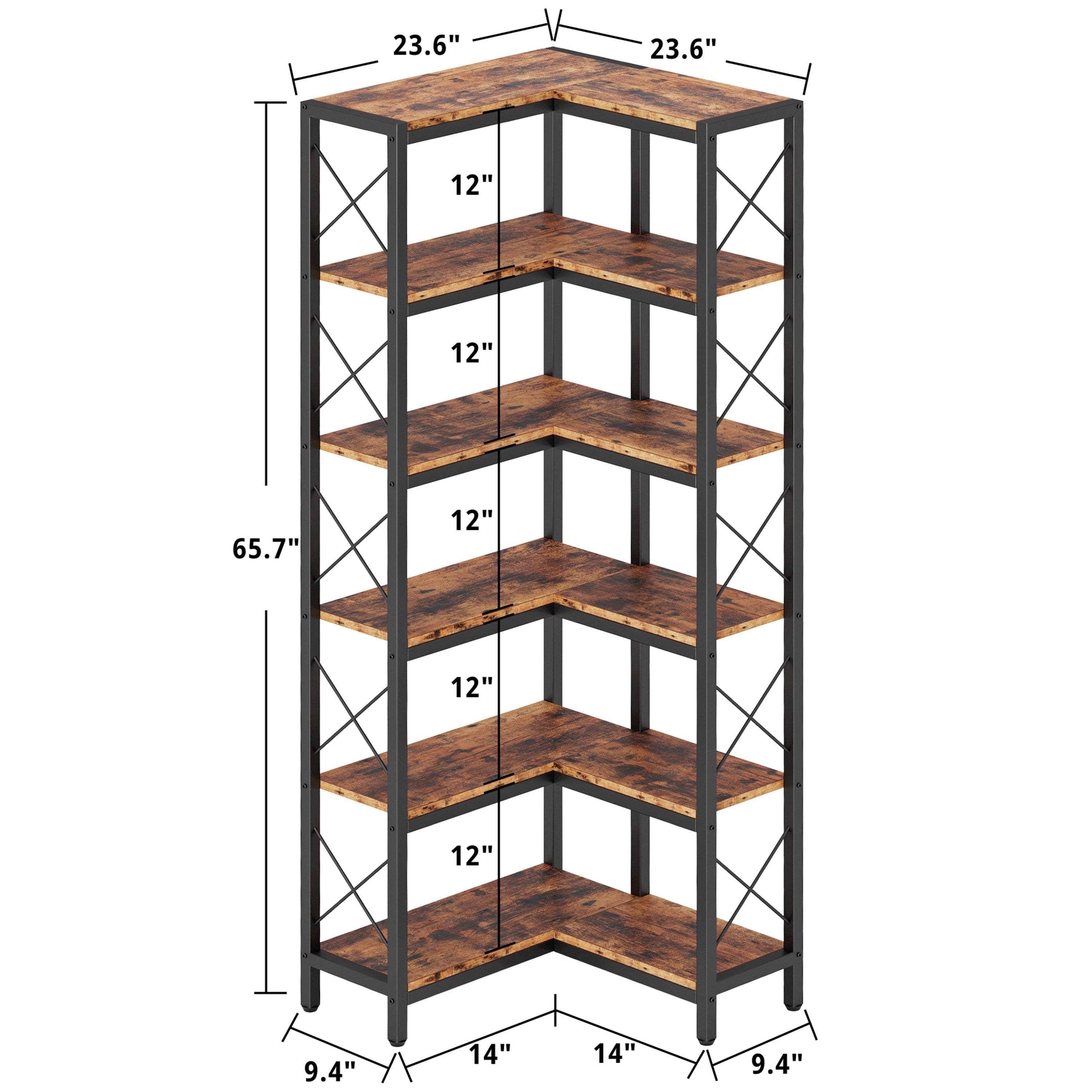 IRONCK 6-Tier Corner Shelf, Industrial Display Bookshelf, Freestanding Bookcase for Living Room Home Office, 23.6"W