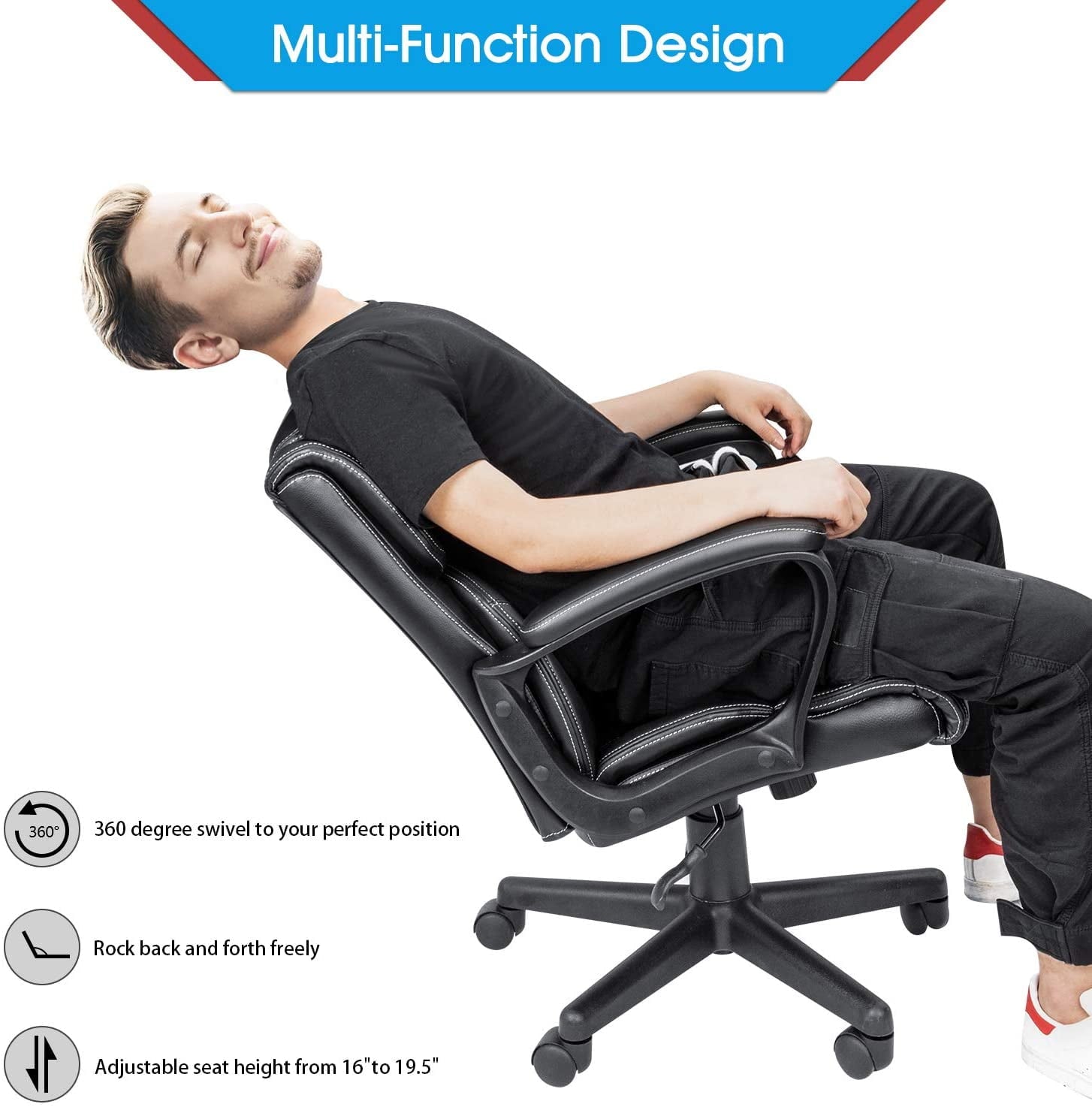 Lacoo Mid-Back Faux Leather Ergonomic Executive Office Desk Chair, Black