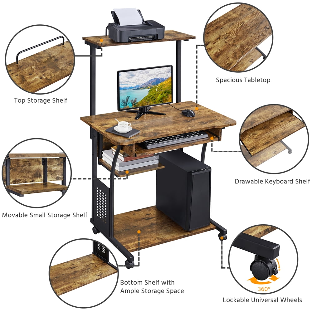 Topeakmart 2 Tiers Rolling Computer Desk with Printer Shelf and Keyboard Tray for Home Office, Rustic Brown