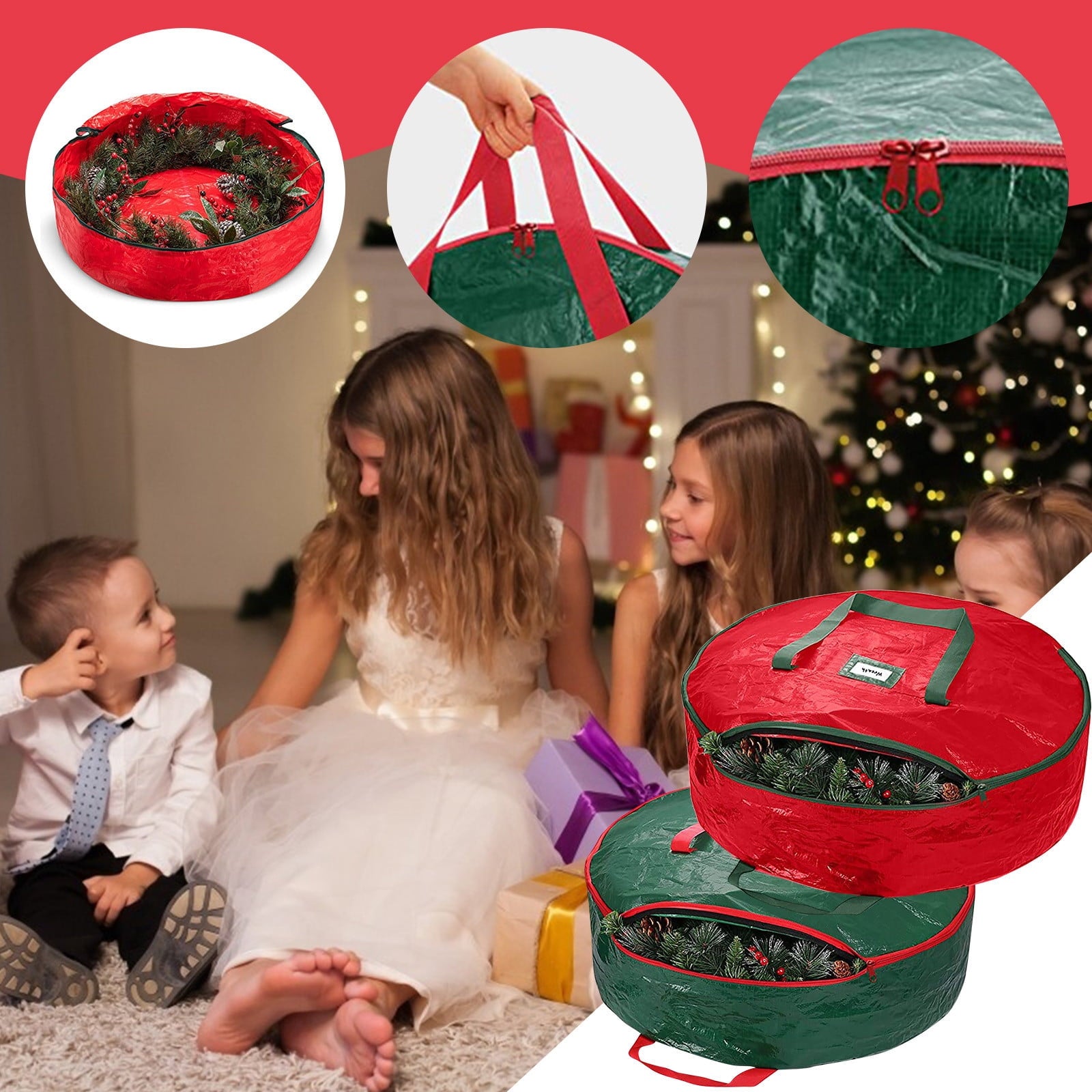 Christmas Wreath Storage Bag 30 Inch - 1 Pack Christmas Wreath Garland Storage Container with Dual Zipper & Handles, Wreath Storage Organizer Box Protect Xmas Ornaments Party Decorations