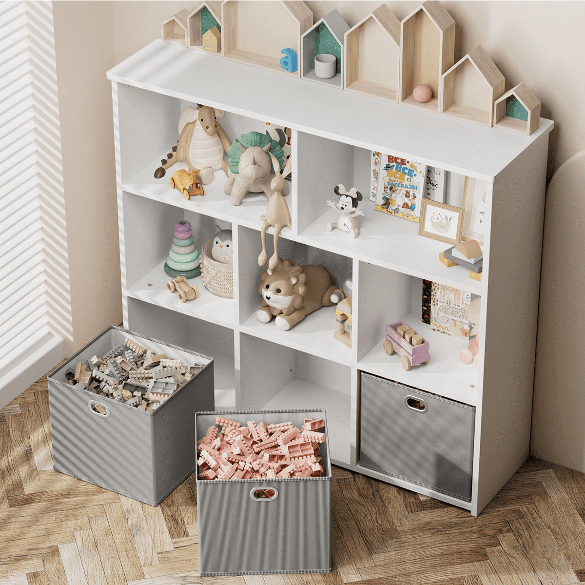 Kids Bookshelf, Caveen Kids Bookcase with 3 Movable Drawers, Wood Bookshelf Toy Storage Organizer for Kids Room, Gray