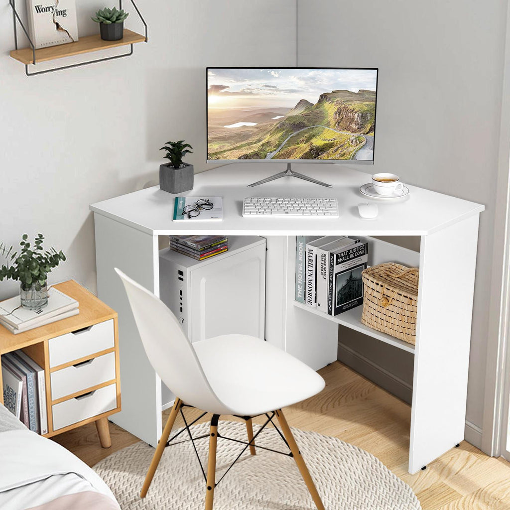 Ginatex Corner Computer Desk, Space-saving Triangular Writing Desk, Multi-functional Console Table for Small Space in Home Office, White