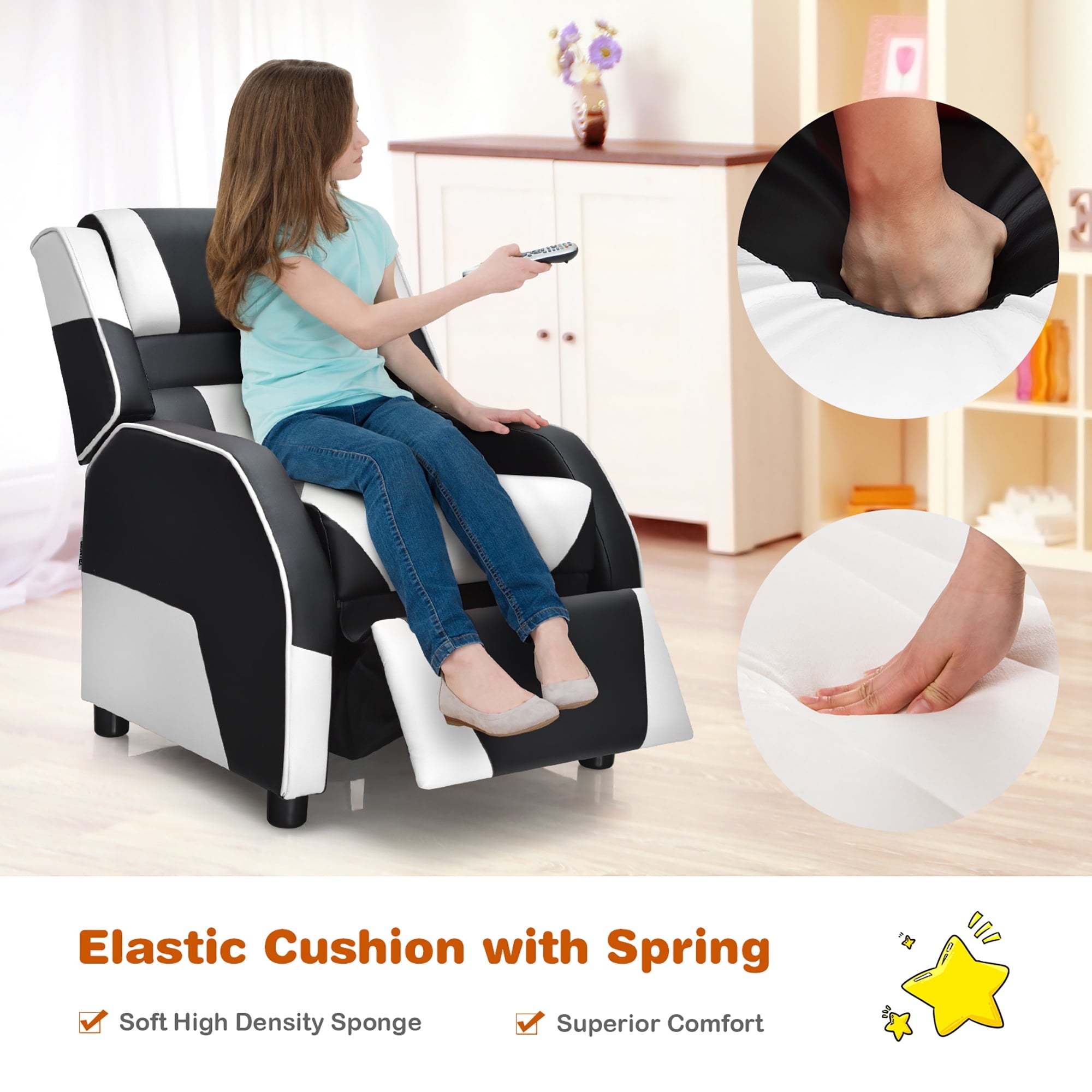 Costway Kids Gaming Recliner Chair with Headrest and Footrest, White