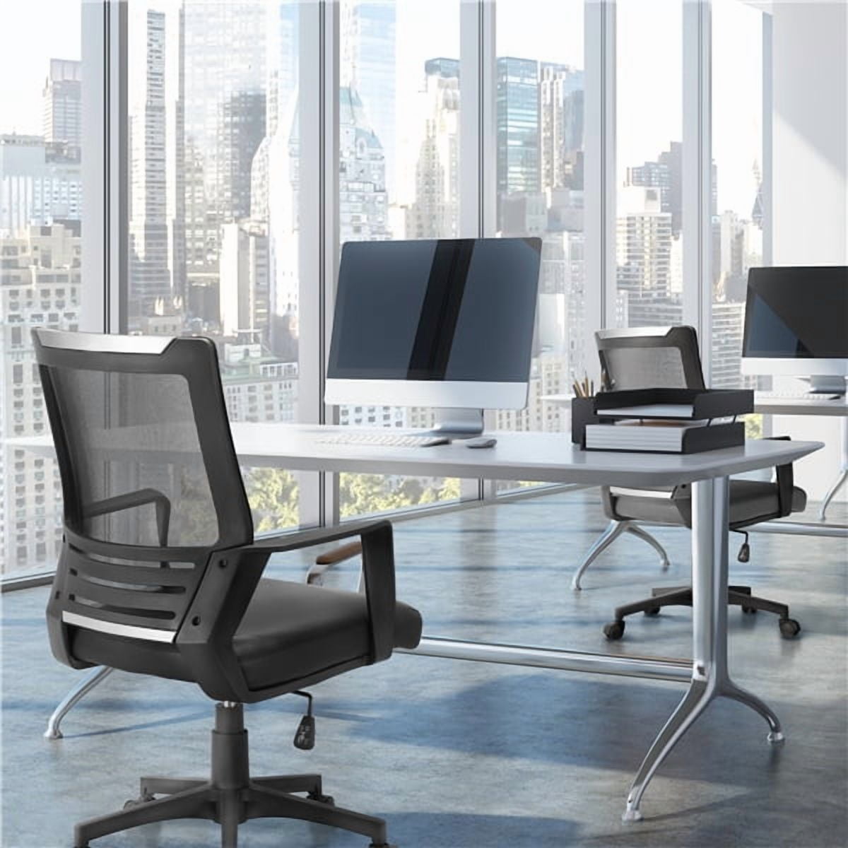 Yaheetech Swivel Mesh Office Chair with Leather Padded Seat and Armrests, Black