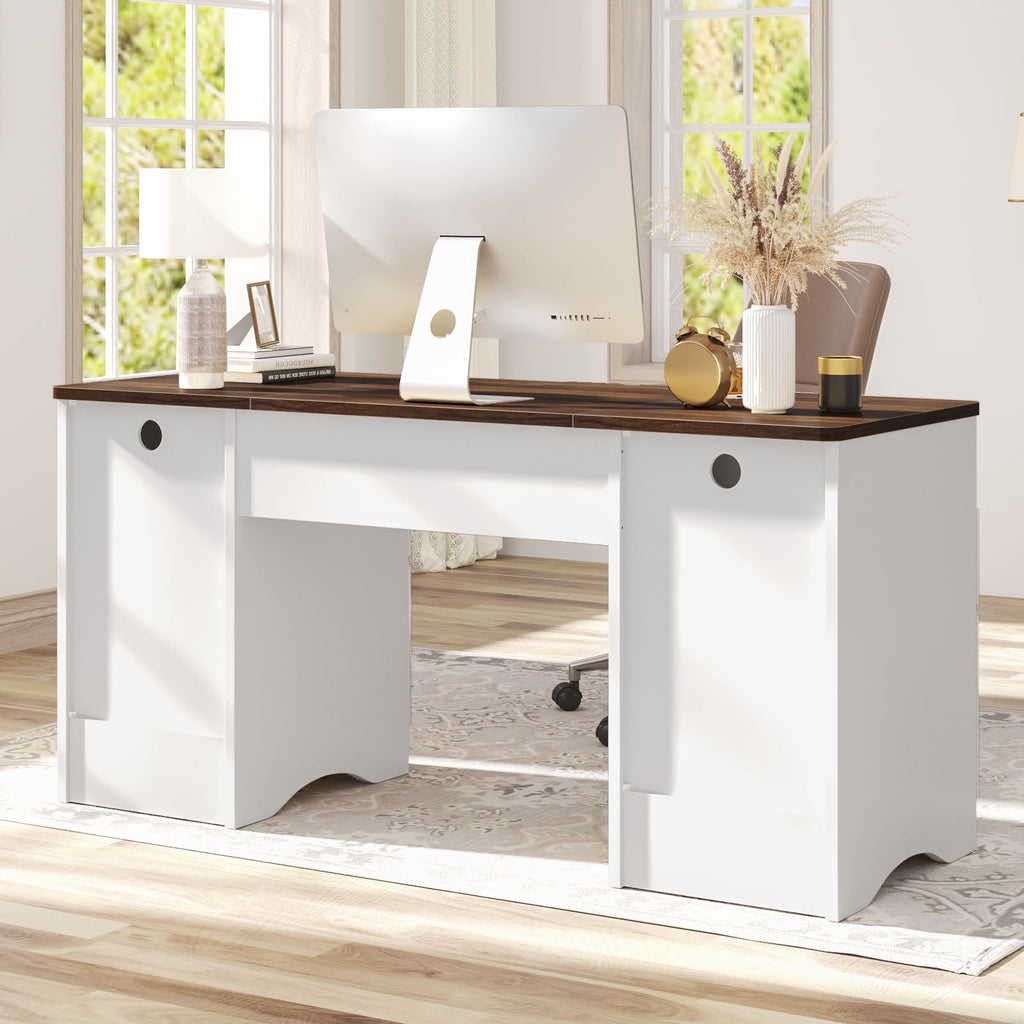 Bestier 59" Computer Home Office PC Desk with Keyboard Tray and Storage Drawers, Walnut and White