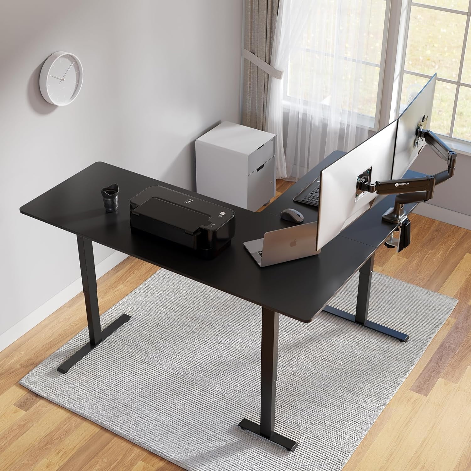 DESINO L-Shaped Standing Desk Adjustable Height, 63 Inch Electric Stand up Corner Computer Desk, Sit Stand Home Office Desk with Splice Board, Black