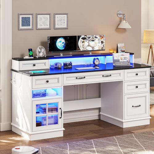 Afuhokles 59" Computer Desk with 5 Drawers and Charging Station, Farmhouse Office Desk for Home Office, White