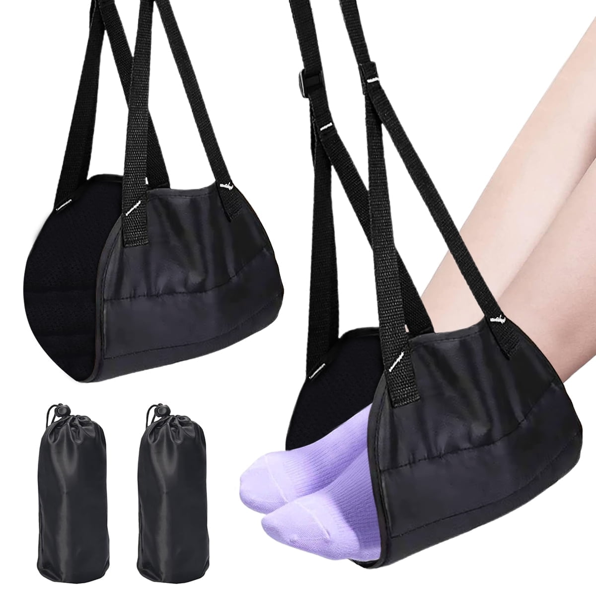 QiShi Airplane Footrest, Premium Memory Foam Portable Foot Hammock Adjustable Sling Foot Rest for Plane, Train, Travel, Office,-2PACK